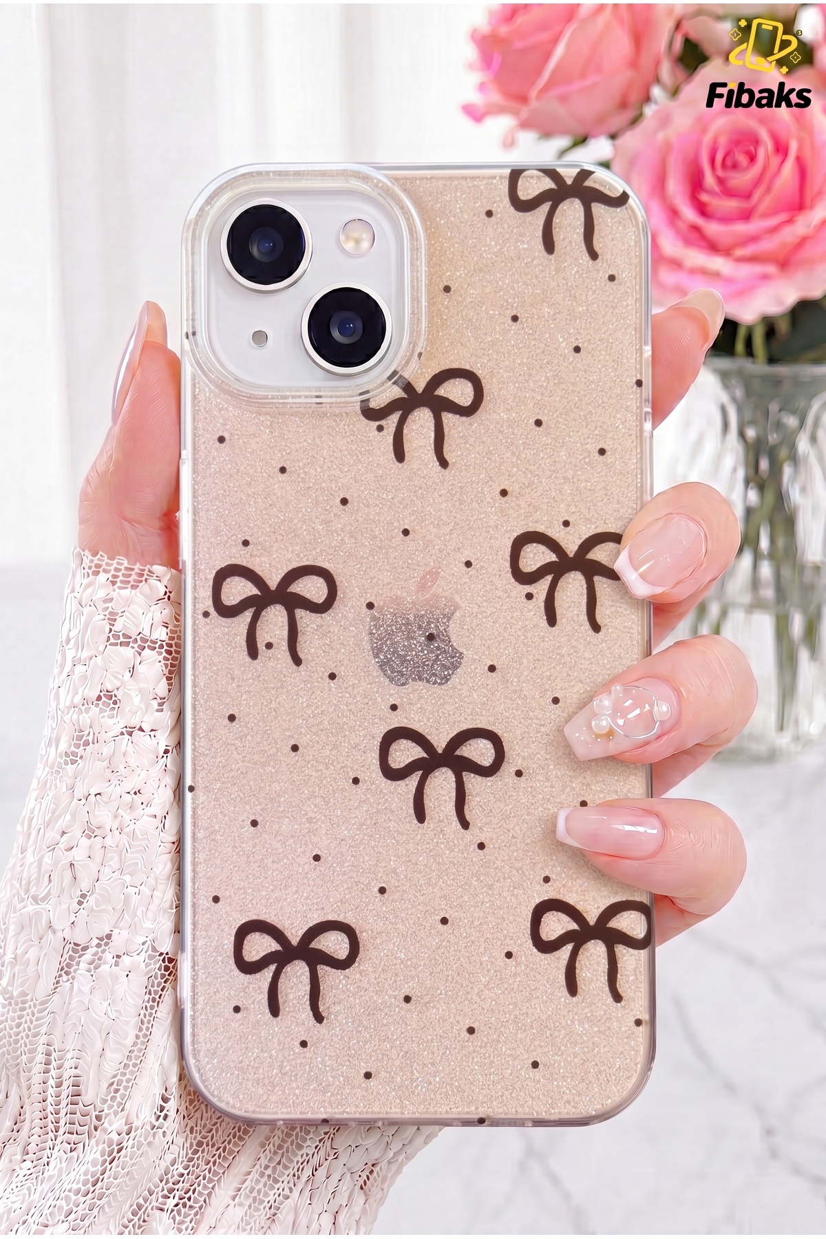 iPhone 13/14/15 Case Glitter Black Bow Patterned Color Bright Shock Absorbing Cover