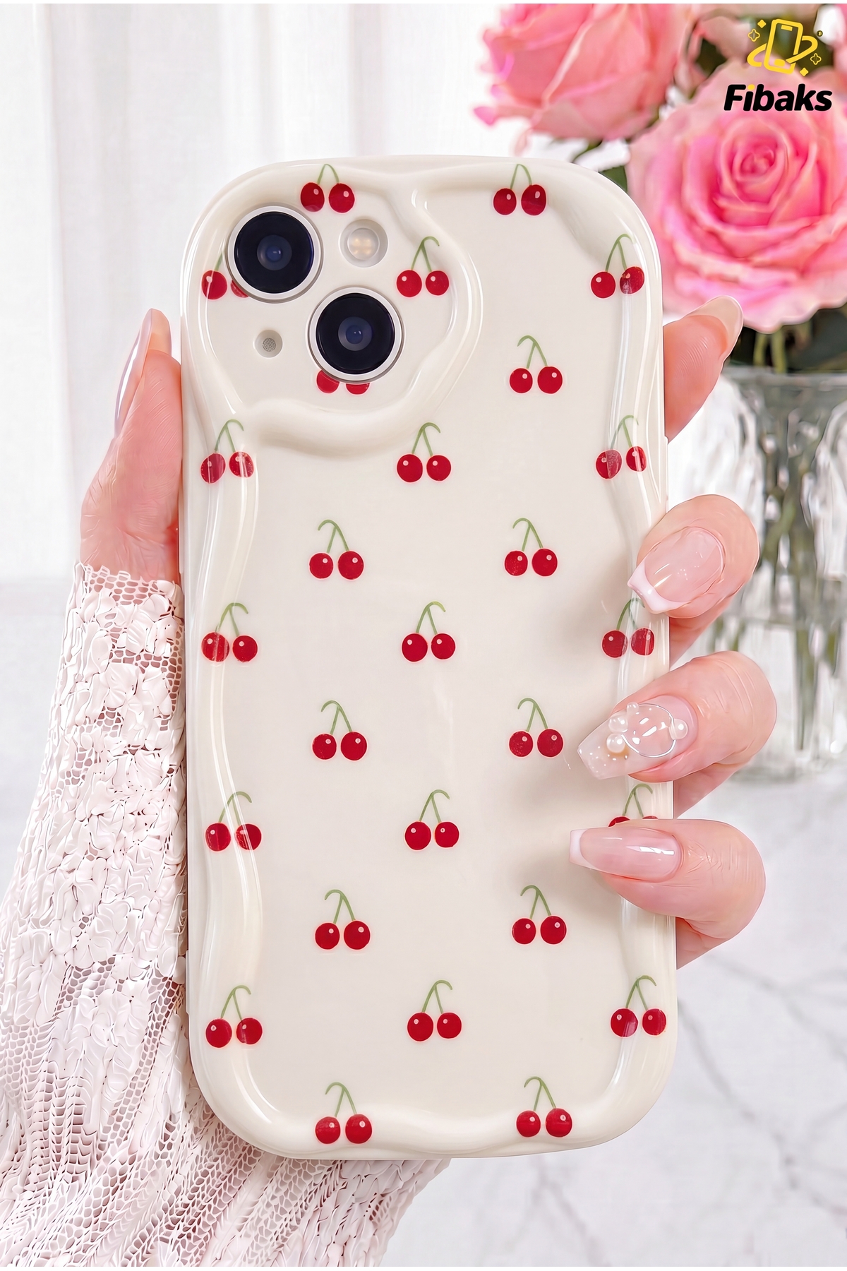 iPhone 13/14 Case Camera Shielded Wave Edge Cherry Pattern Soft Silicone Cover