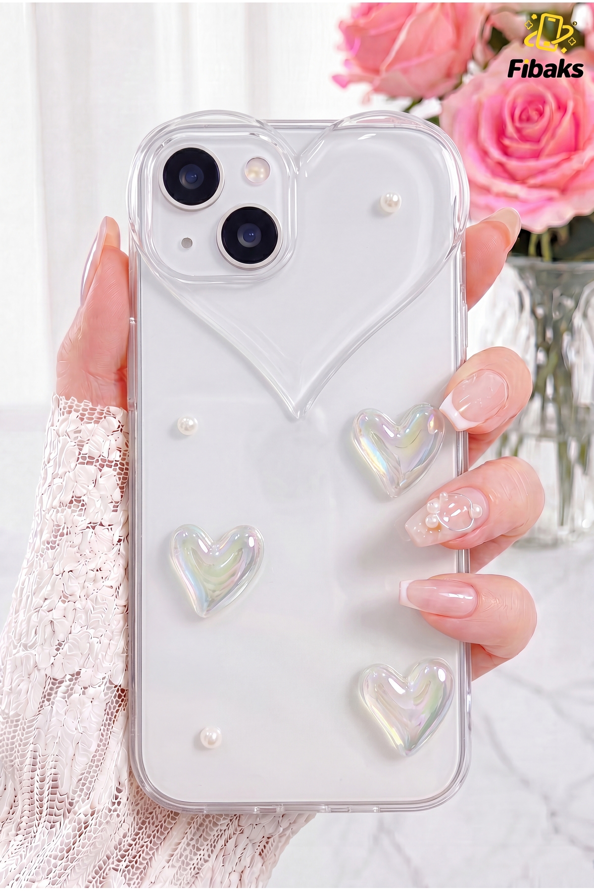 transparent Camera Protected Silicone Cover with iPhone 13/14 Case Heart Pearl Pattern Heart Camera Design
