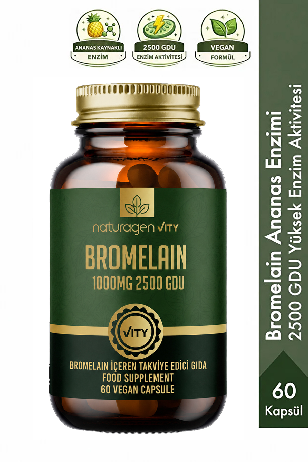 Naturagen Bromelain 2500 GDU 1000 mg 60 Kapsül | Ananas Kaynaklı Enzim | Yüks...