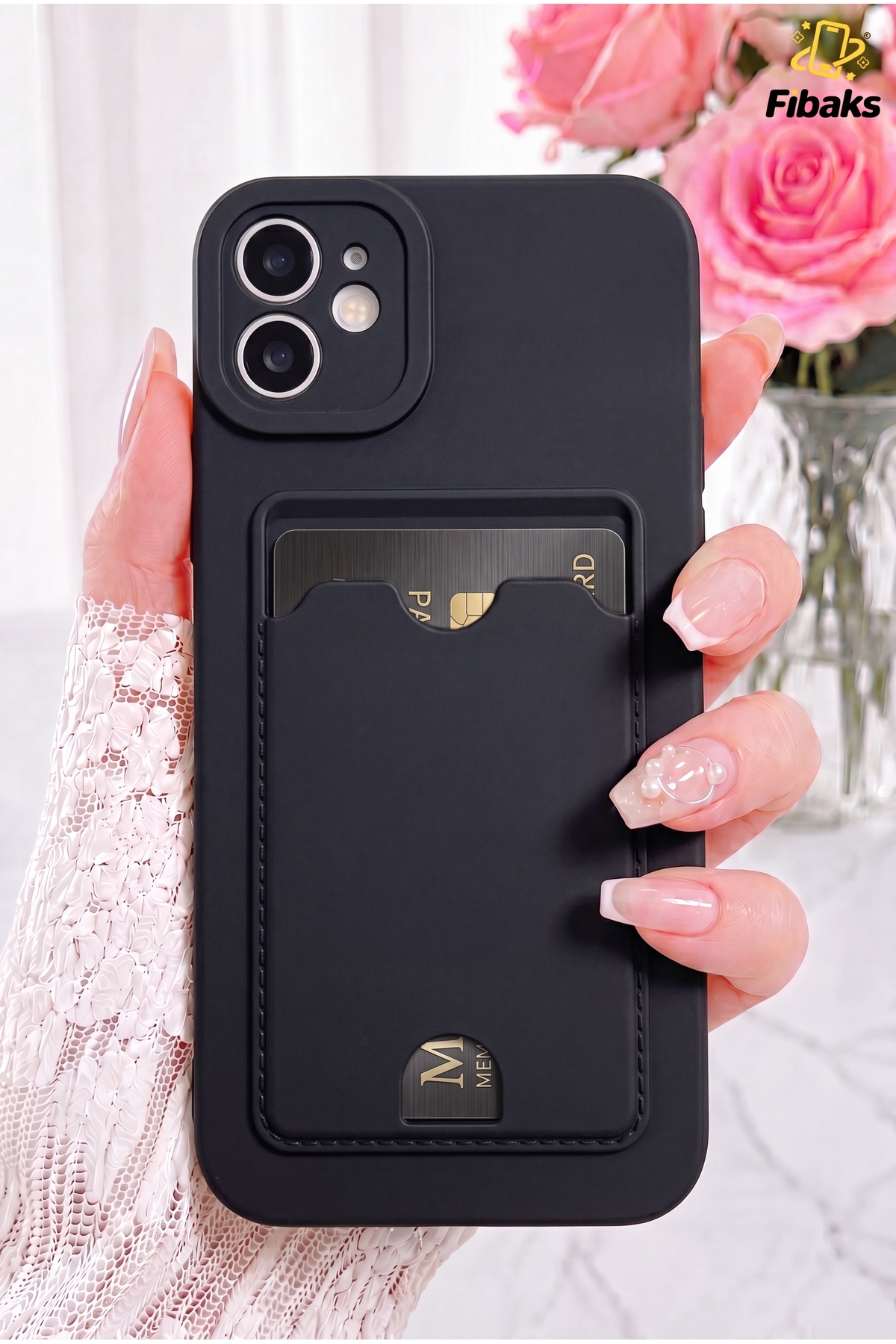 iPhone 11 Case Camera Protected Card Holder Card Slot Wallet Black Key Silicone