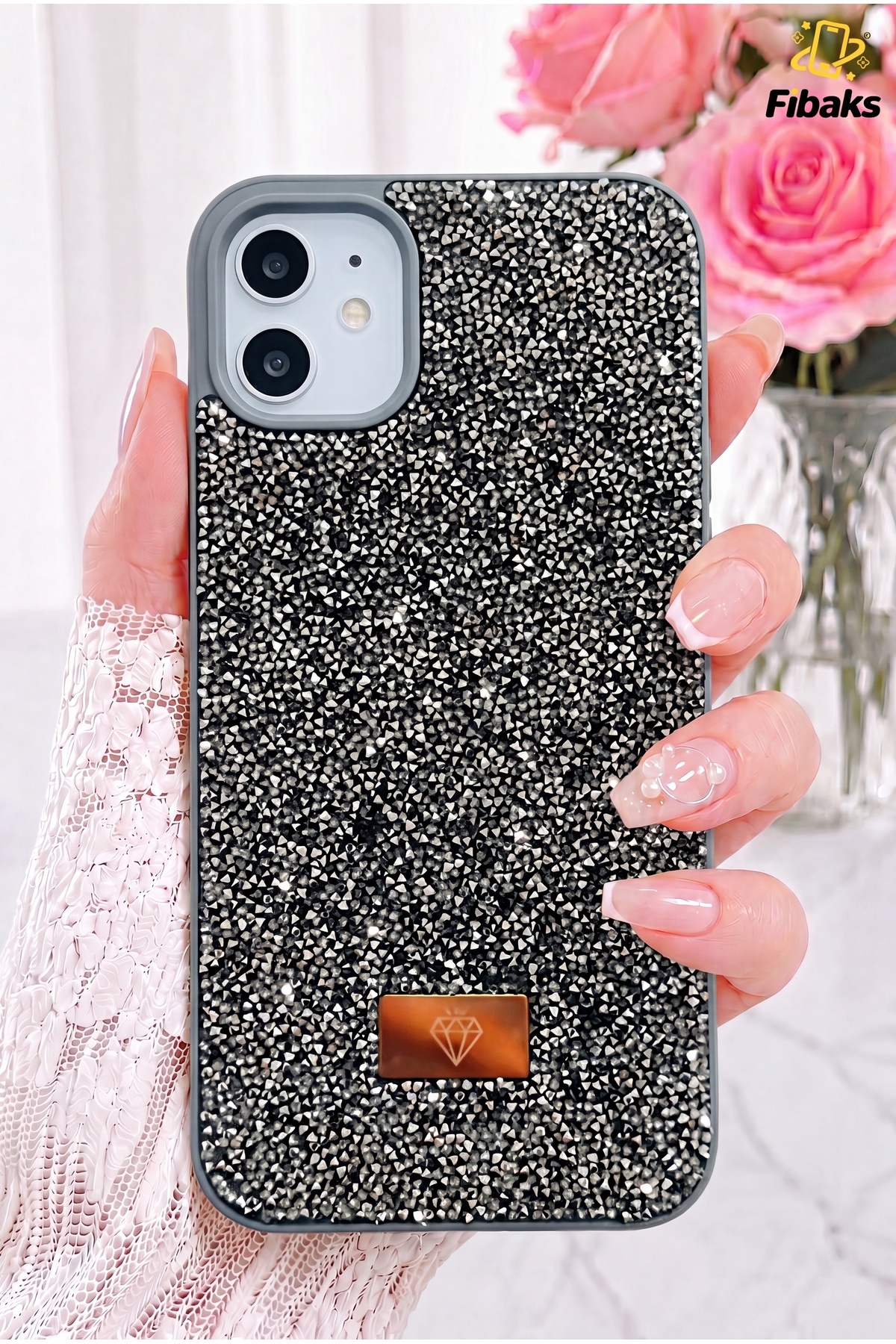 iPhone 11 Case Velvet Diamond Design Shimmering Diamond Silicone Cover with Grey Gemstone