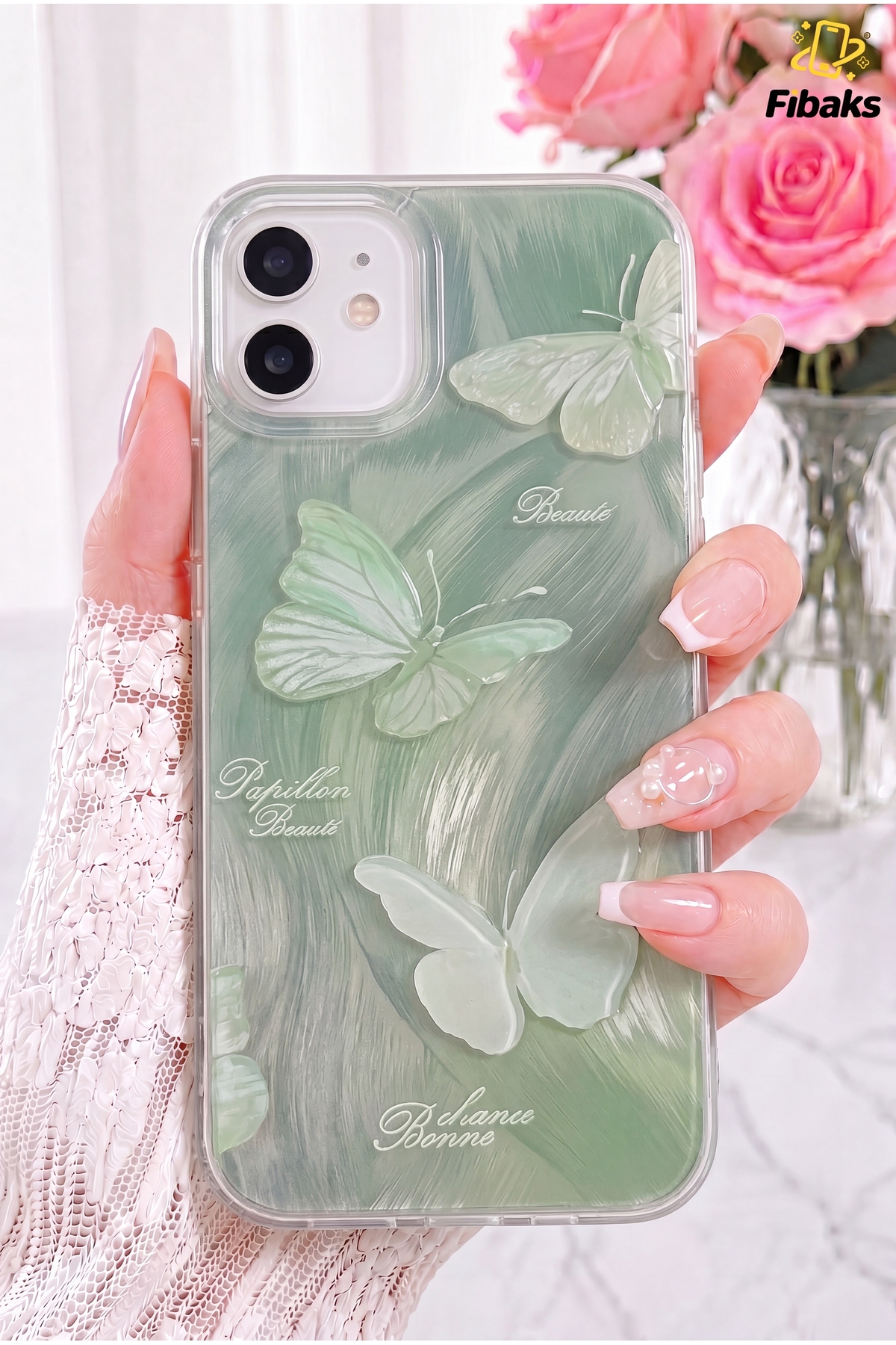 iPhone 11 Case Glossy Hologram Green Butterfly Pattern Shock Absorber Camera Protected Silicone