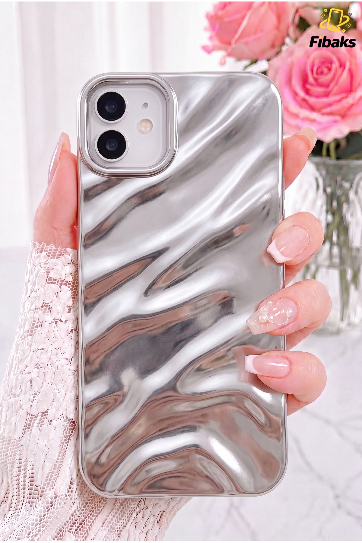 iPhone 11 Case Shiny Embossed Wave Design Patterned Silver Shock Absorbing Silicone Cover