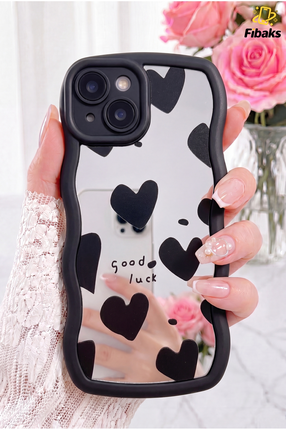 iPhone 14 Plus/15 Plus Case Mirrored Heart Pattern Soft Edge Camera Protected Silicone