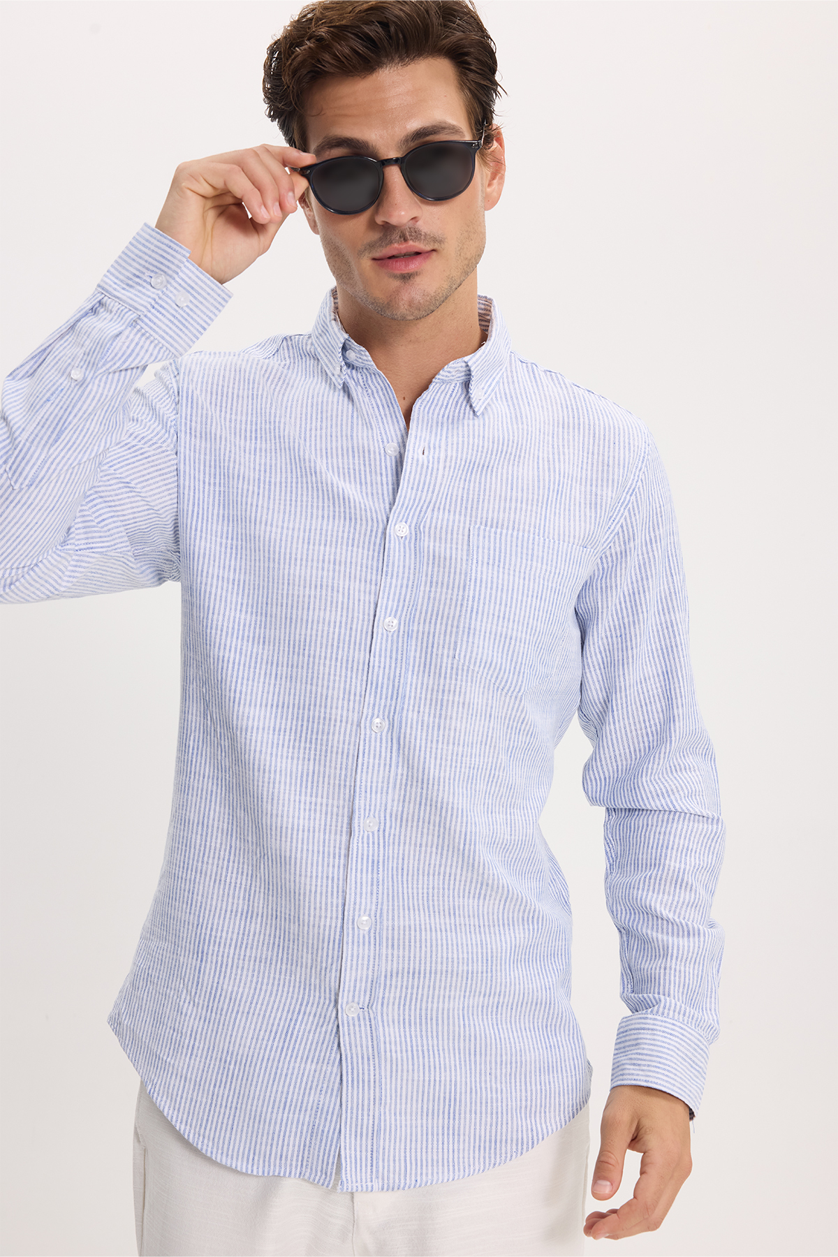 پیراهن تودورز مردانه کتان پنبه ای آبی سرمه ای کژوال / روزمره راه راه Slim Fit/اسلیم فیت    Slim/اسلیم فیت کژوال/روزمره | Tudors DR250031 TR - تصویر 3