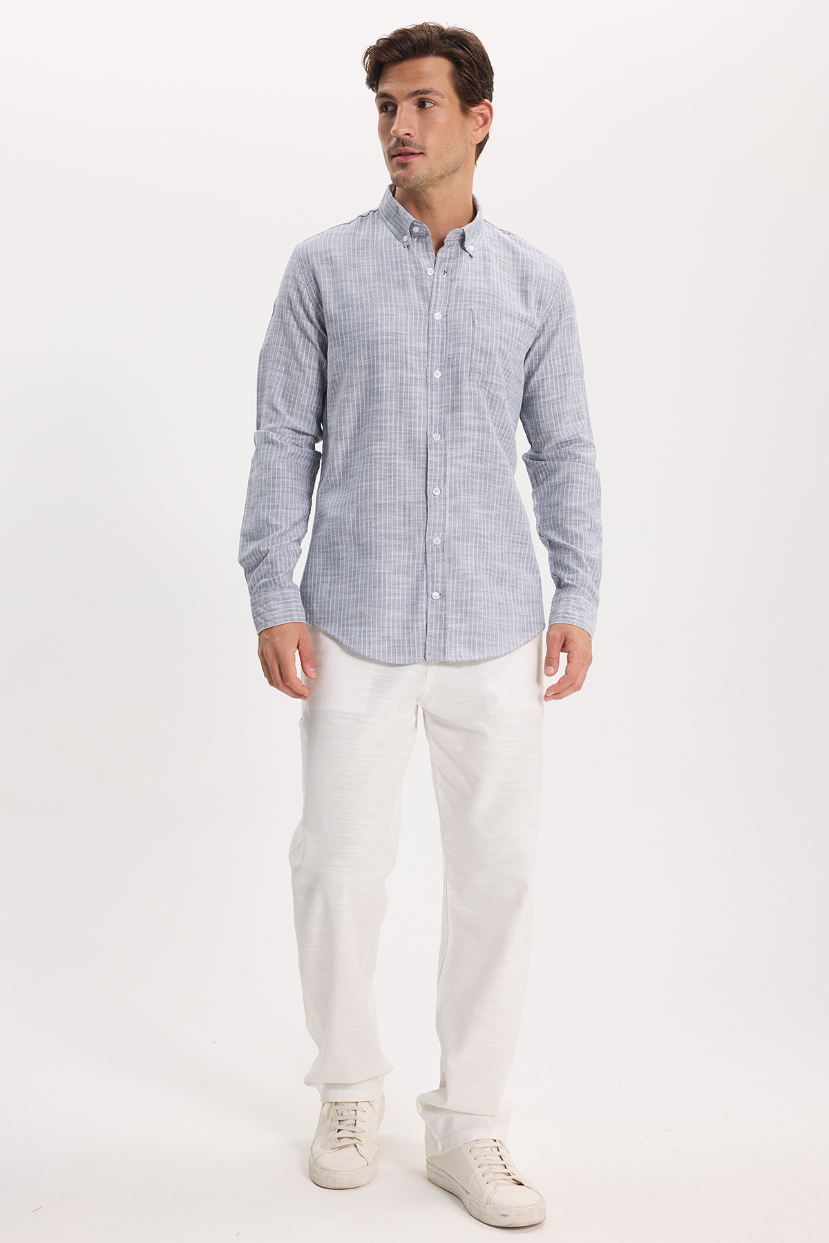 پیراهن تودورز مردانه کتان پنبه ای آبی سرمه ای کژوال / روزمره راه راه Slim Fit/اسلیم فیت    Slim/اسلیم فیت کژوال/روزمره | Tudors DR250031 TR - تصویر 3