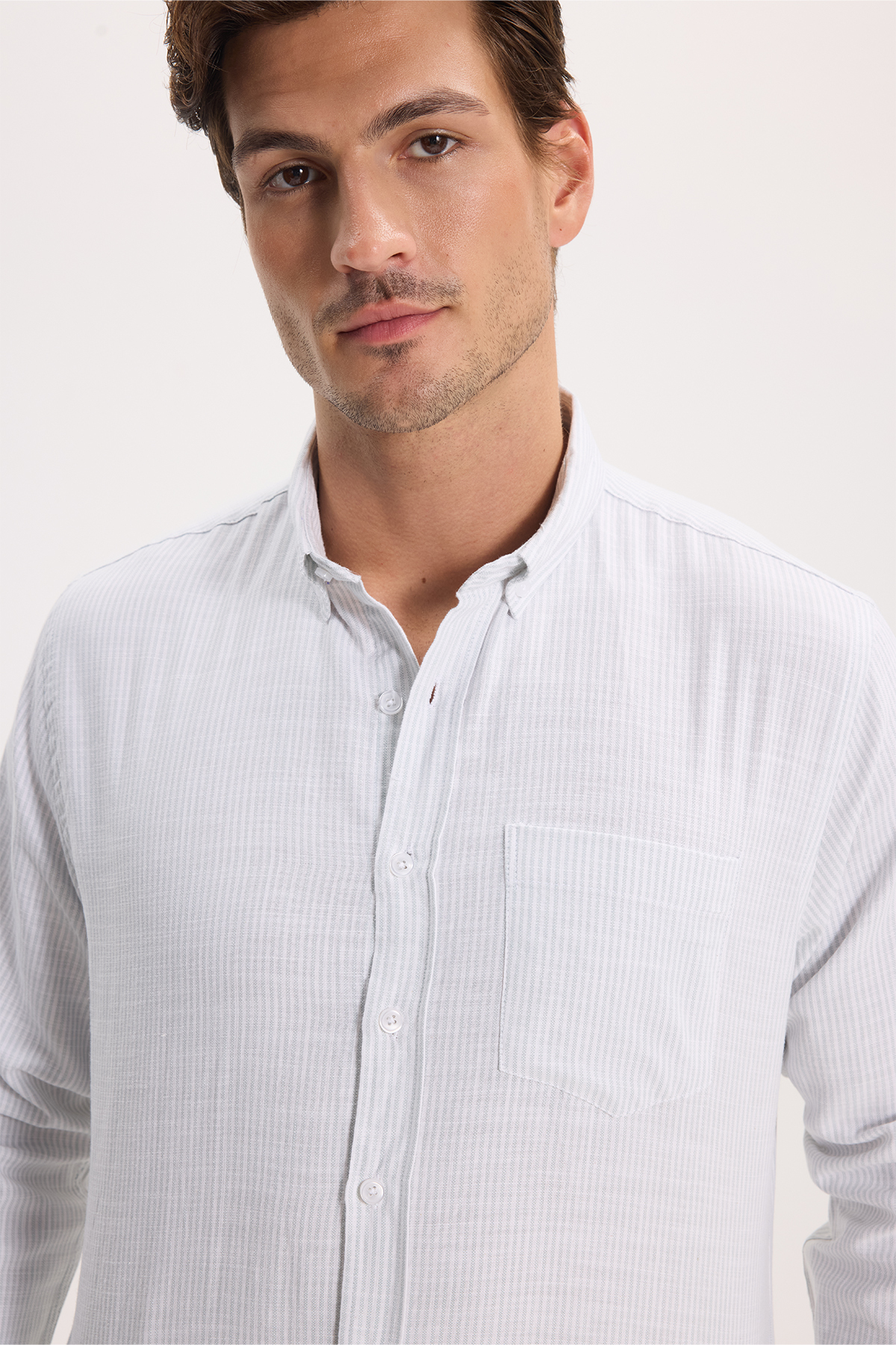 پیراهن تودورز مردانه کتان پنبه ای سبز کژوال / روزمره راه راه Slim Fit/اسلیم فیت    Slim/اسلیم فیت کژوال/روزمره | Tudors DR250031 TR - تصویر 4