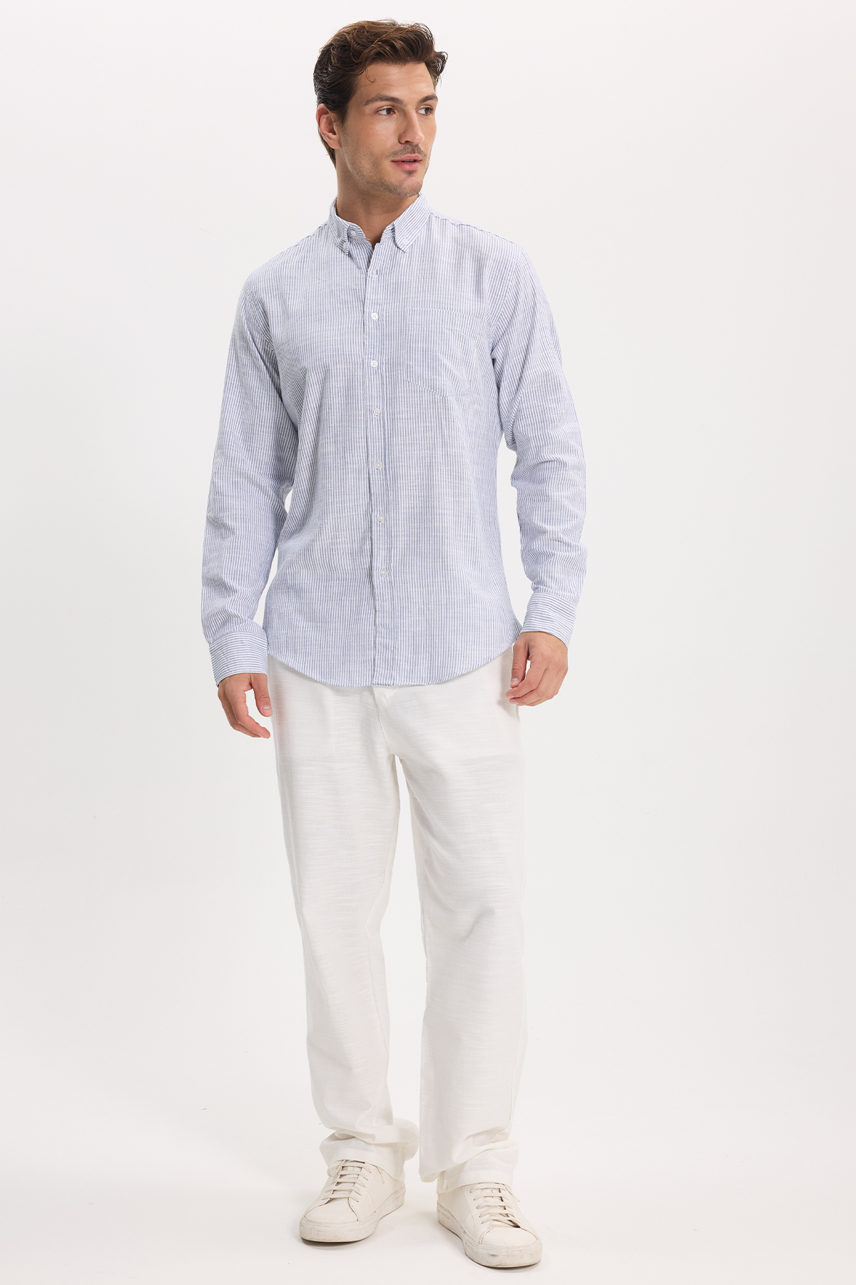 پیراهن تودورز مردانه کتان پنبه ای آبی سرمه ای کژوال / روزمره راه راه Slim Fit/اسلیم فیت    Slim/اسلیم فیت کژوال/روزمره | Tudors DR250031 TR - تصویر 3