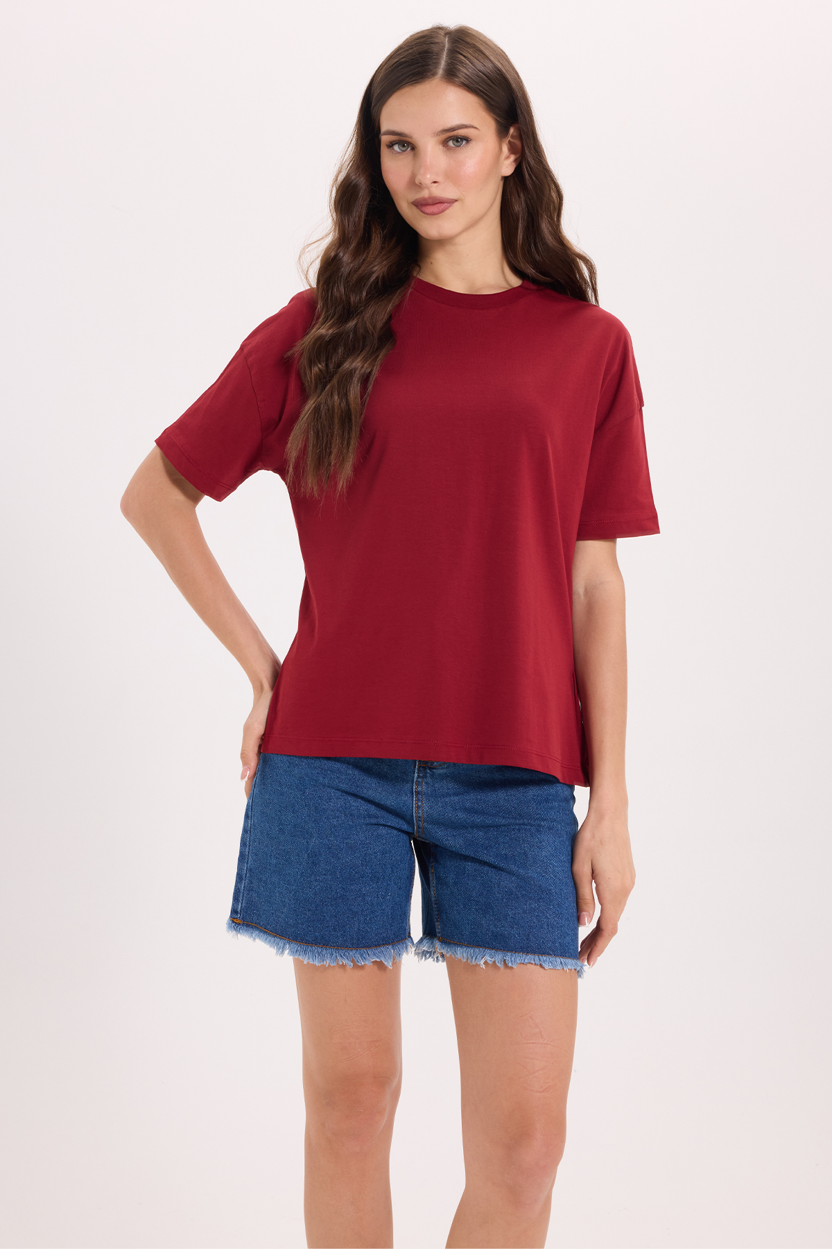 Women's Relax Fit Casual Cut 100% Cotton Crew Neck Claret Red T-Shirt