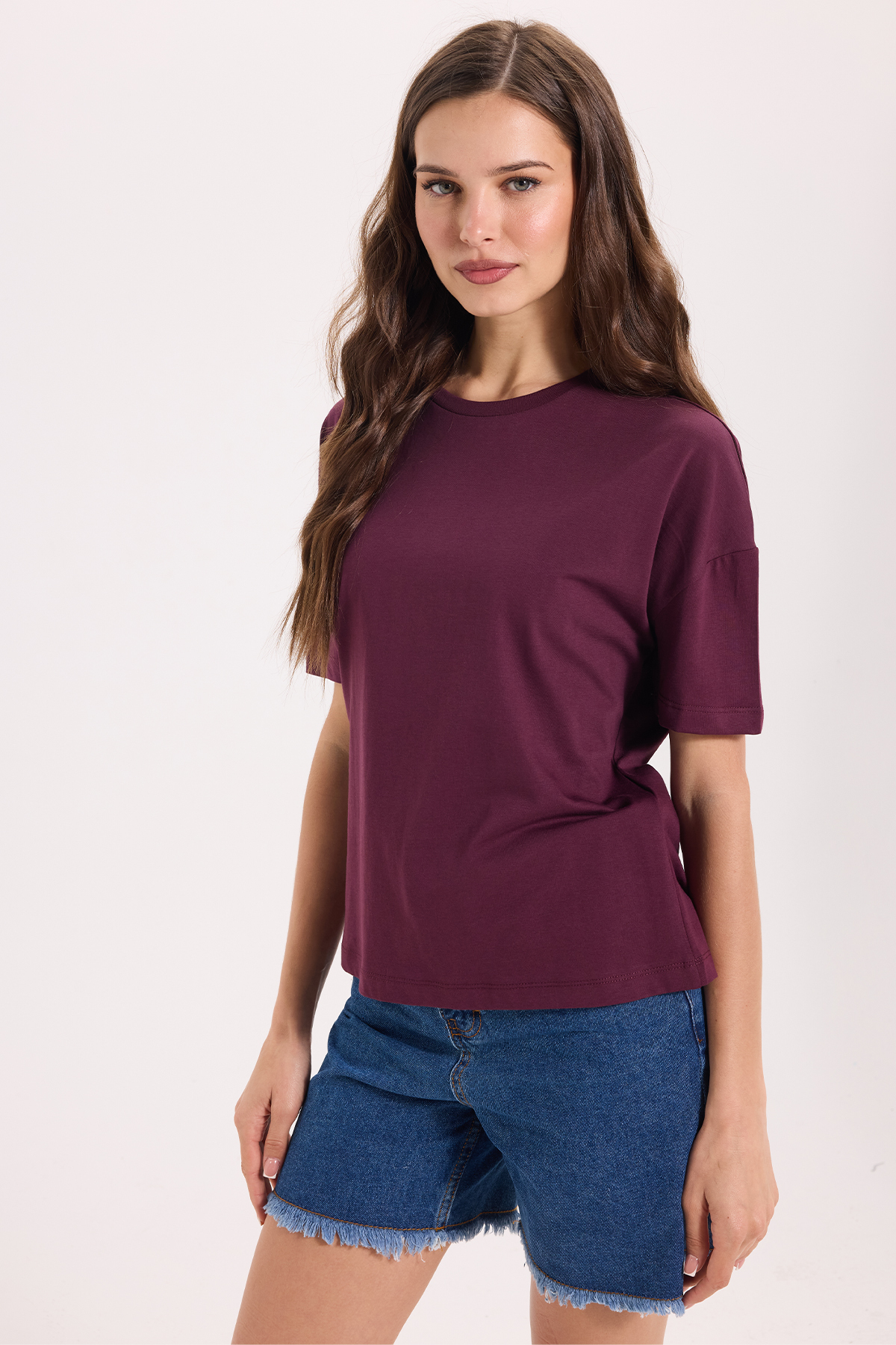 Women's Relax Fit Casual Cut 100% Cotton Crew Neck Claret Red T-Shirt