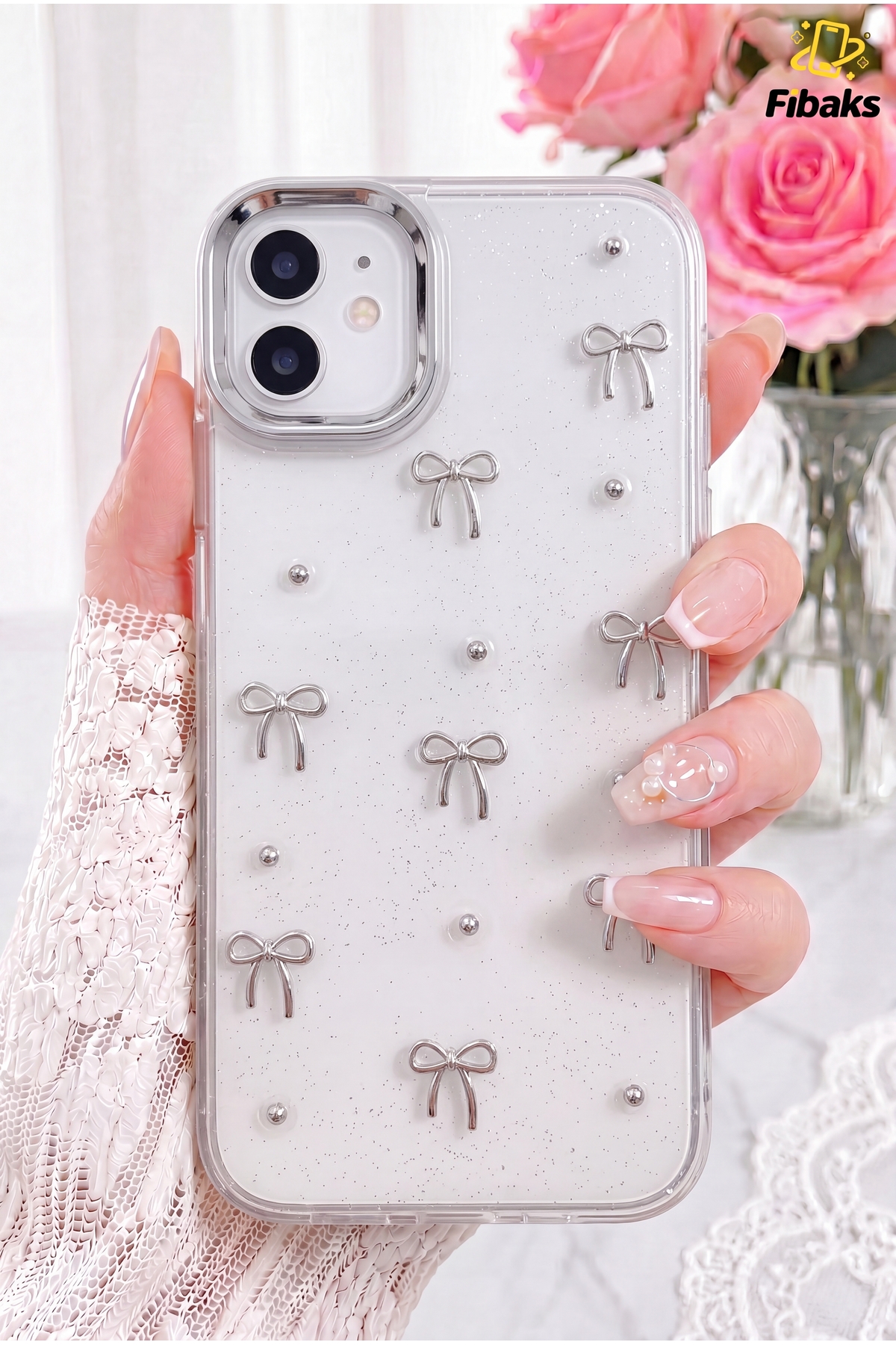 iPhone 12/12 Pro Case Bow Pattern Transparent Glitter Silver Camera Protruding Shiny Cover