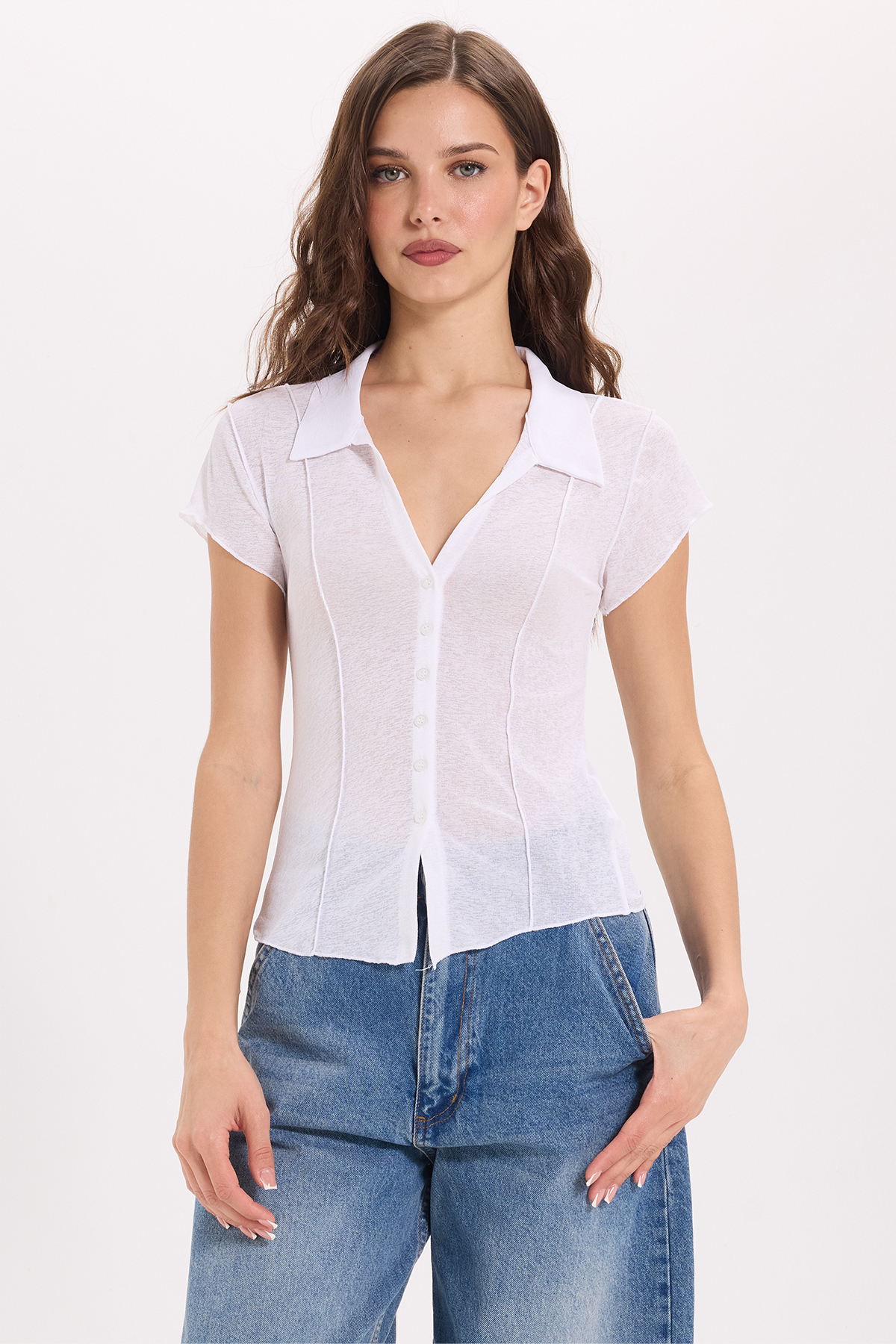Women's Slim Fit Slim Fit Short Sleeve Shirt Collar White Shirt