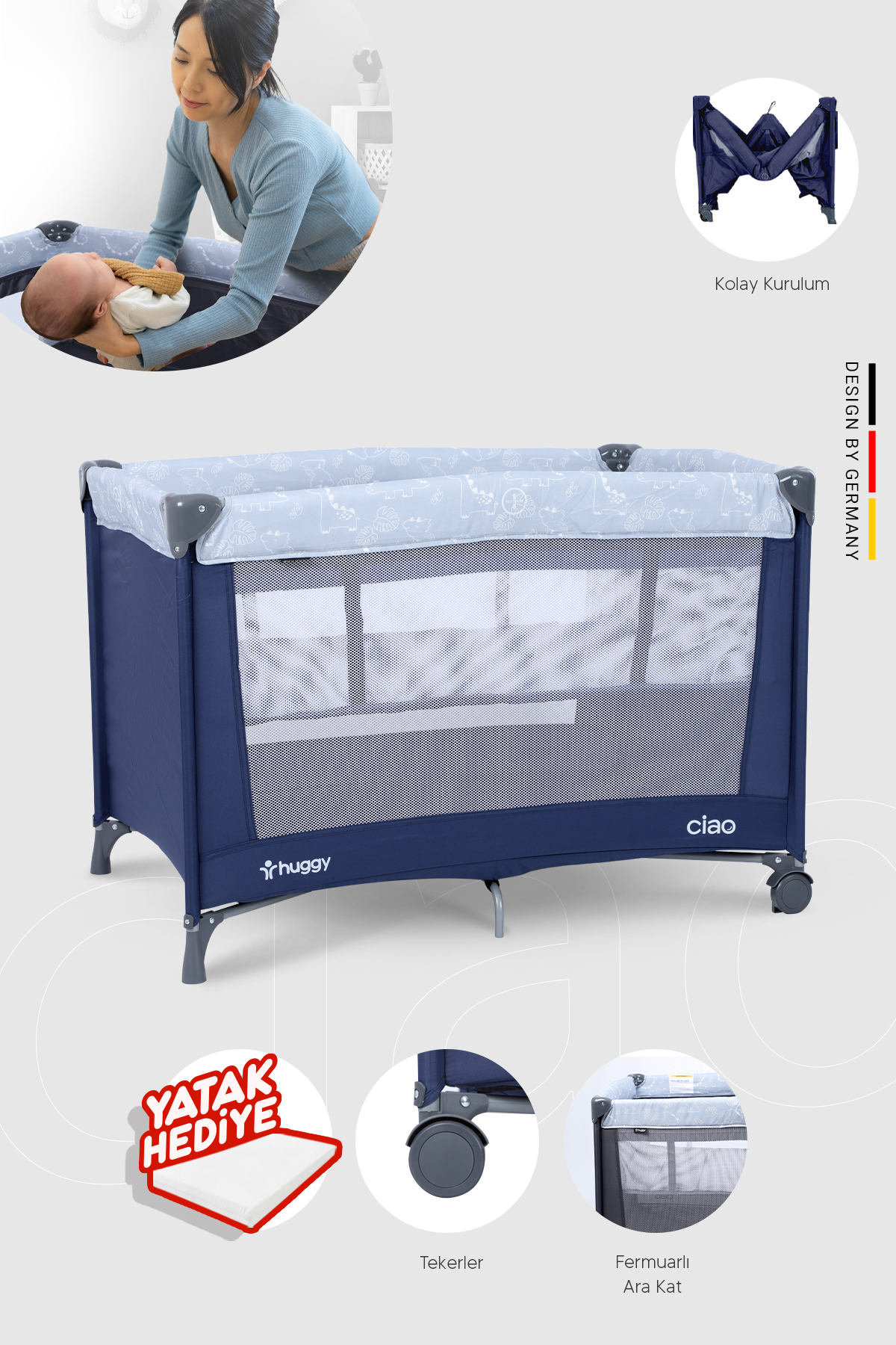 Ciao Park Bed Playground -Navy Blue Bed with Gift 70x100
