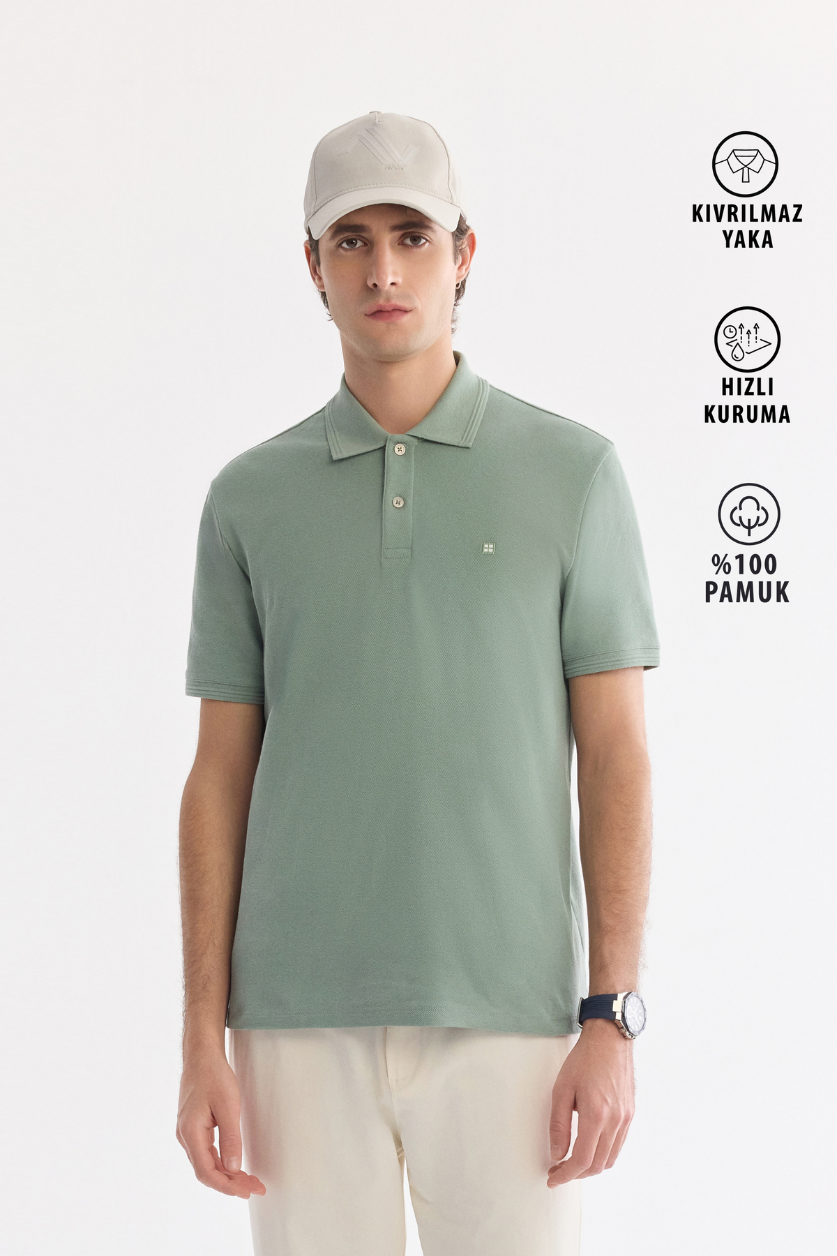 Men's Mint Green Irreversible Polo Collar 100% Cotton Basic Regular Fit T-Shirt B001032
