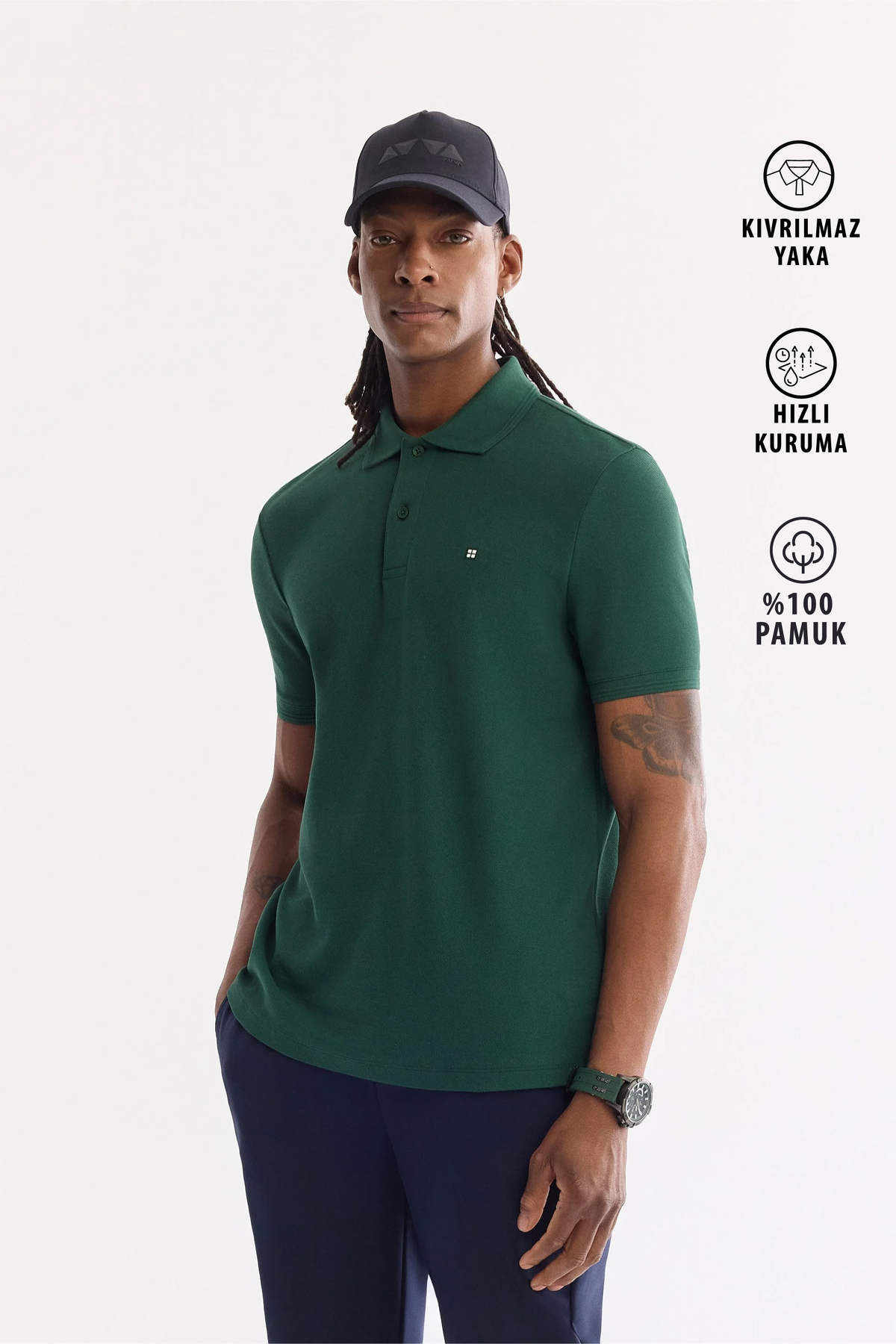 Men's Dark Green Indurable Polo Neck 100% Cotton Basic T-Shirt B001032