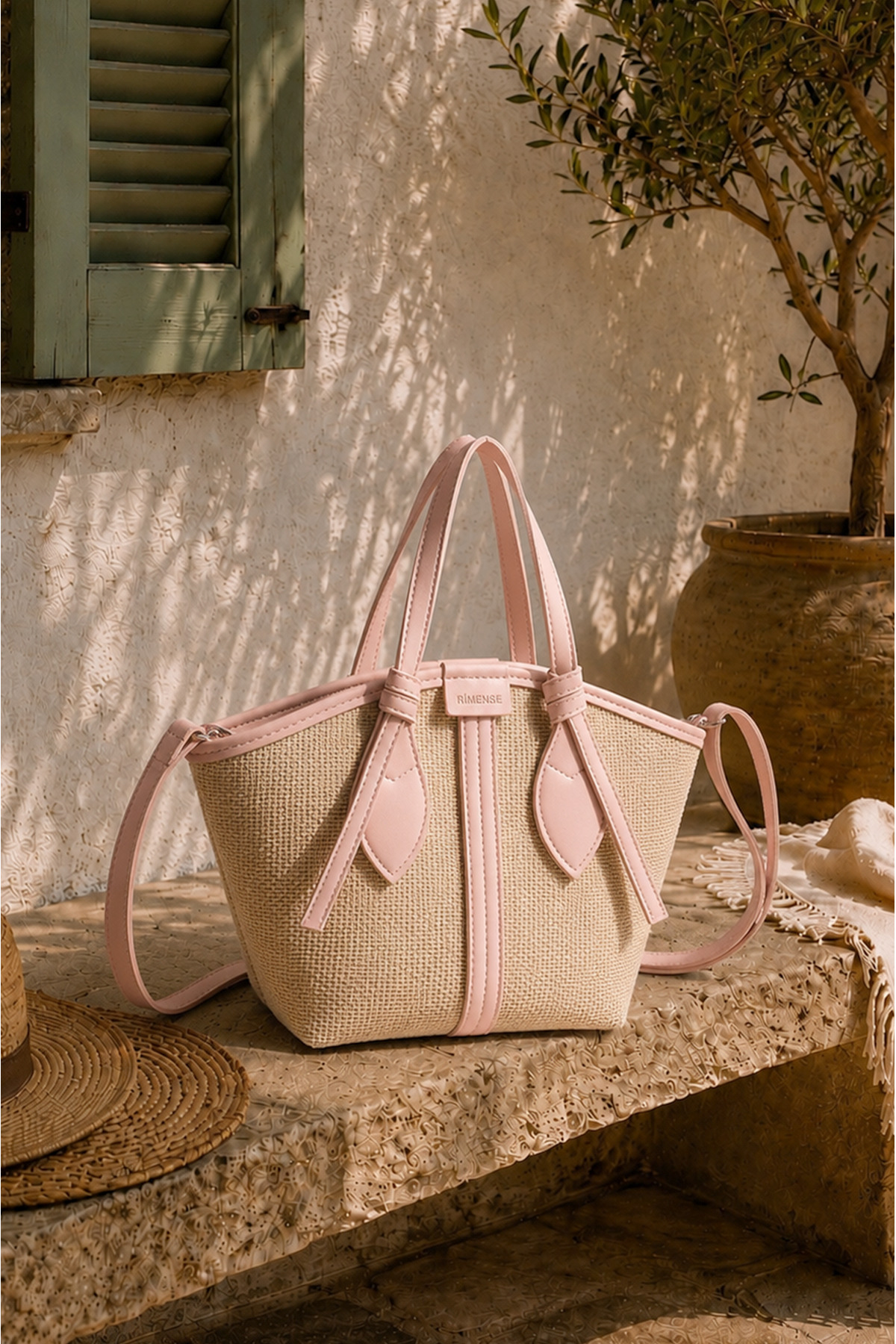 Women's Pink Straw Lined Zipper Hand and Shoulder Bag