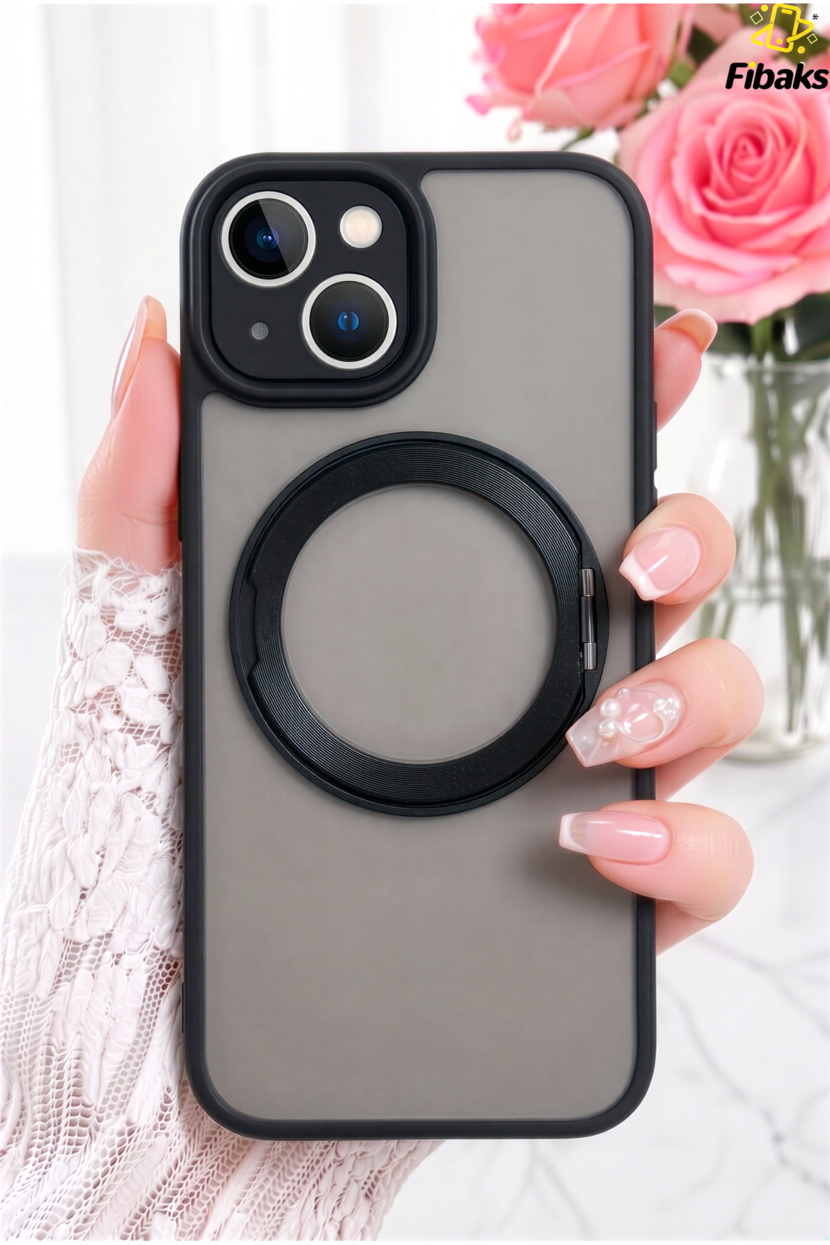 iPhone 13/14/15 Case MagSafe Compatible Matte Shockproof Phone Case Black with 360° Metal Stand