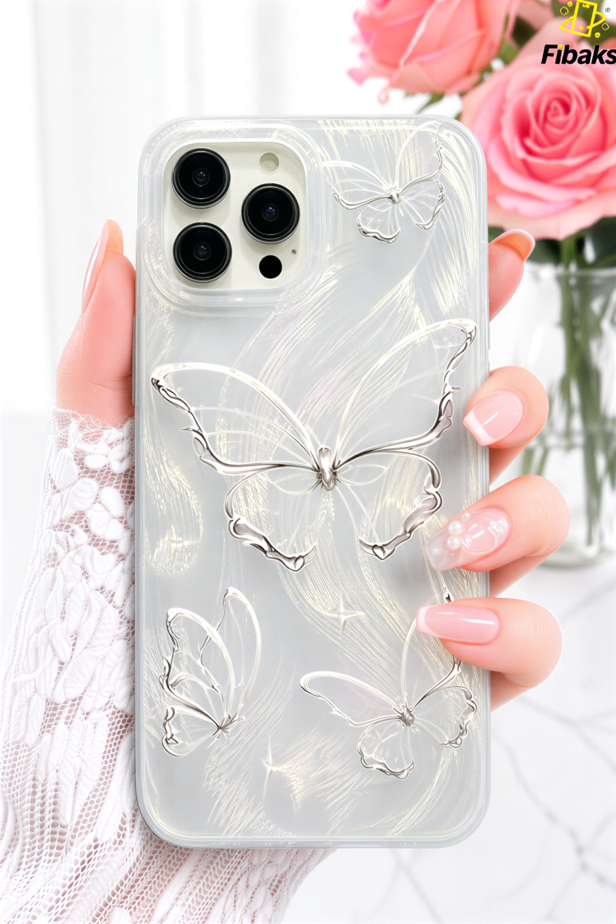 iPhone 16 Pro Max Case Bright Hologram Butterfly Pattern Shock Absorber Camera Protected Silicone