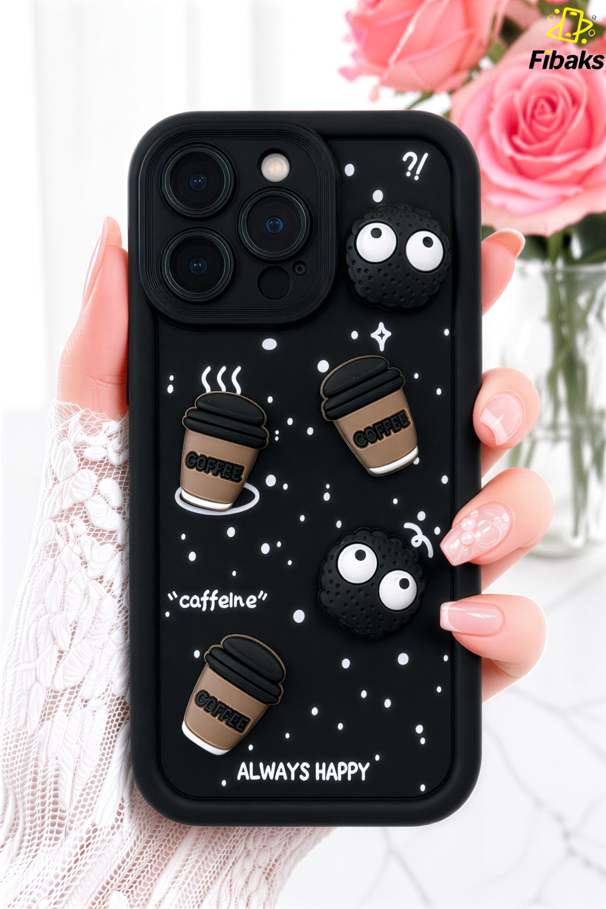 iPhone 15 Pro Max Case Design Patterned Camera Protected Coffee Cookie Black Soft Silicone Case