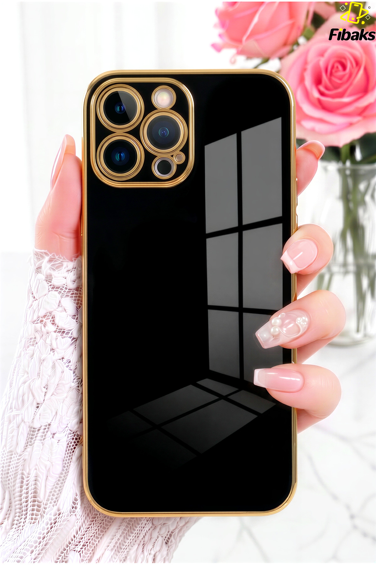 iPhone 15 Pro Case Gold Embroidered Camera Shielded Cover with Bright Edge Black