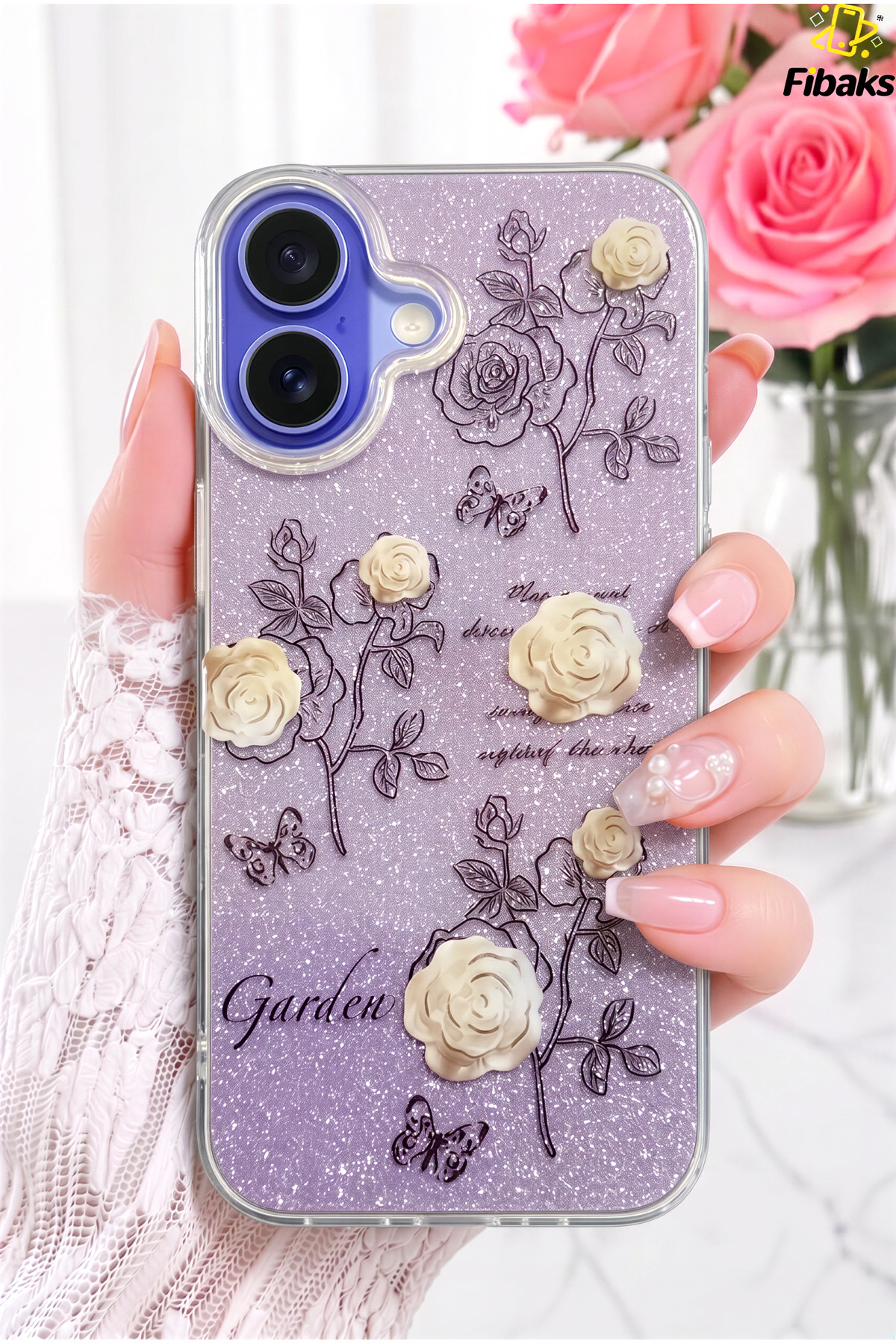 iPhone 16 Case Glitter White Rose Patterned Colorful Bright Shock Absorbing Cover