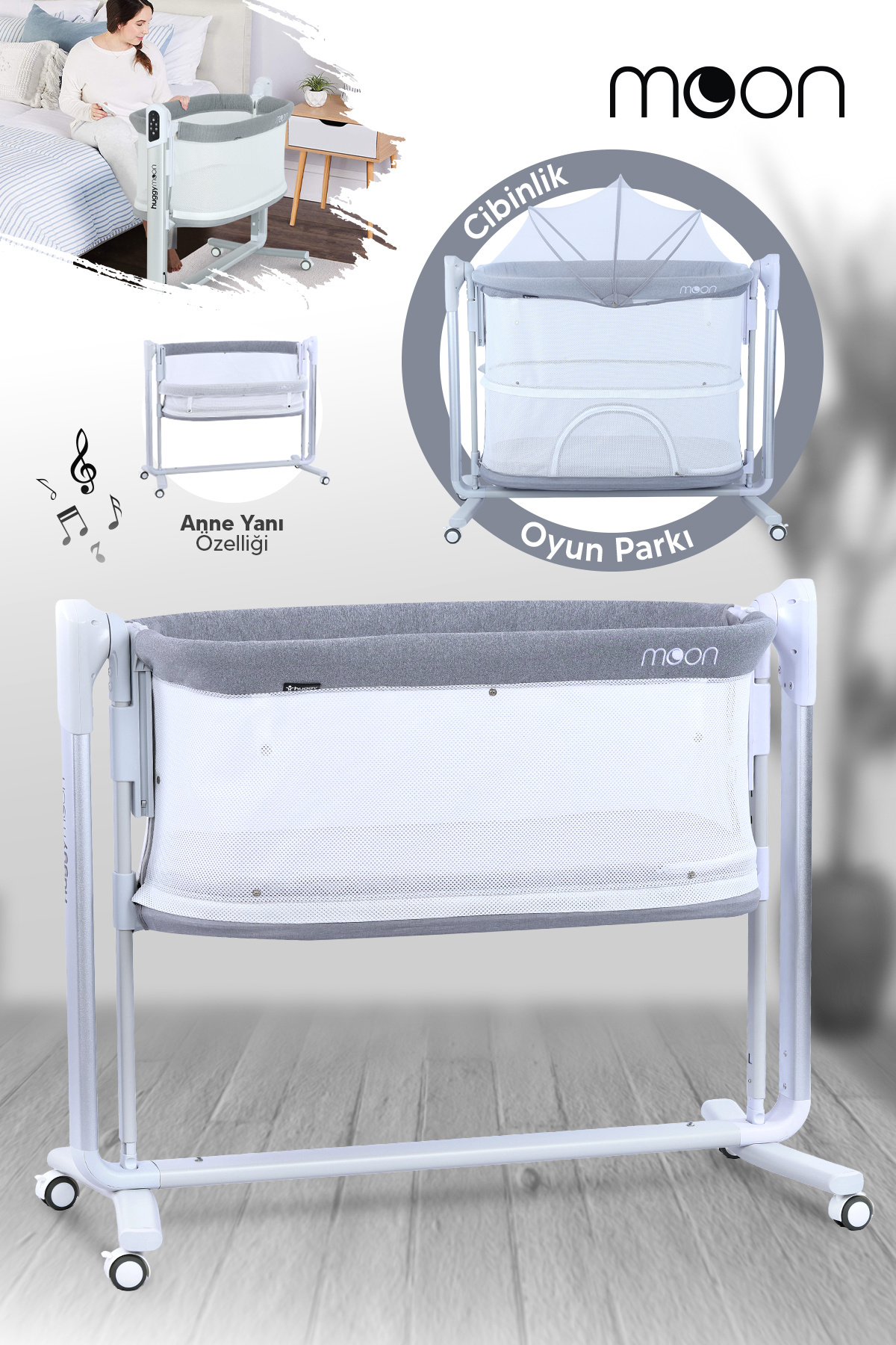 Moon Grey Smart Crib – Playground - Auto-swinging, Sensor, Operated Mother Side Crib