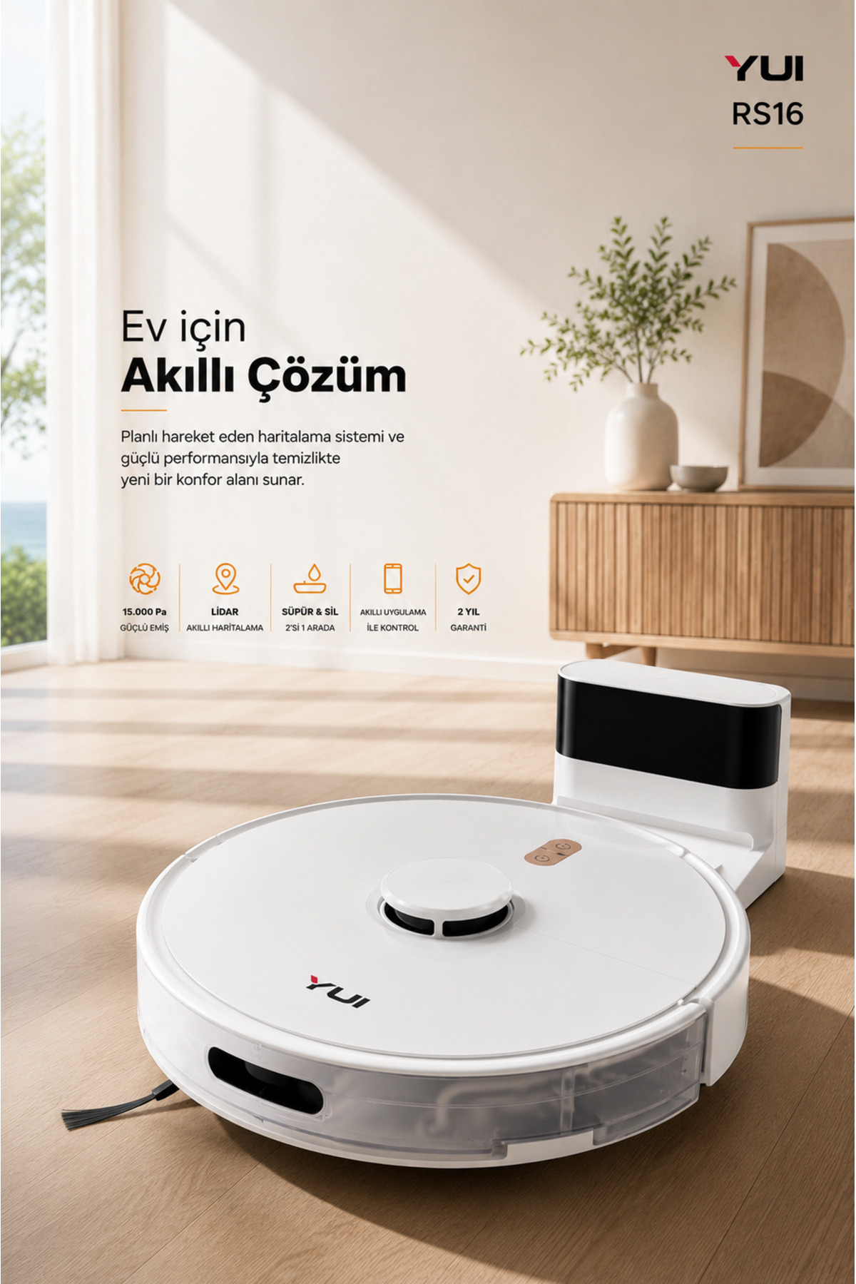 RS16 15.000 Pa Akıllı Robot Vacuum & Mop Süpürge Beyaz (YUI TÜRKİYE GARANTİLİ) 2