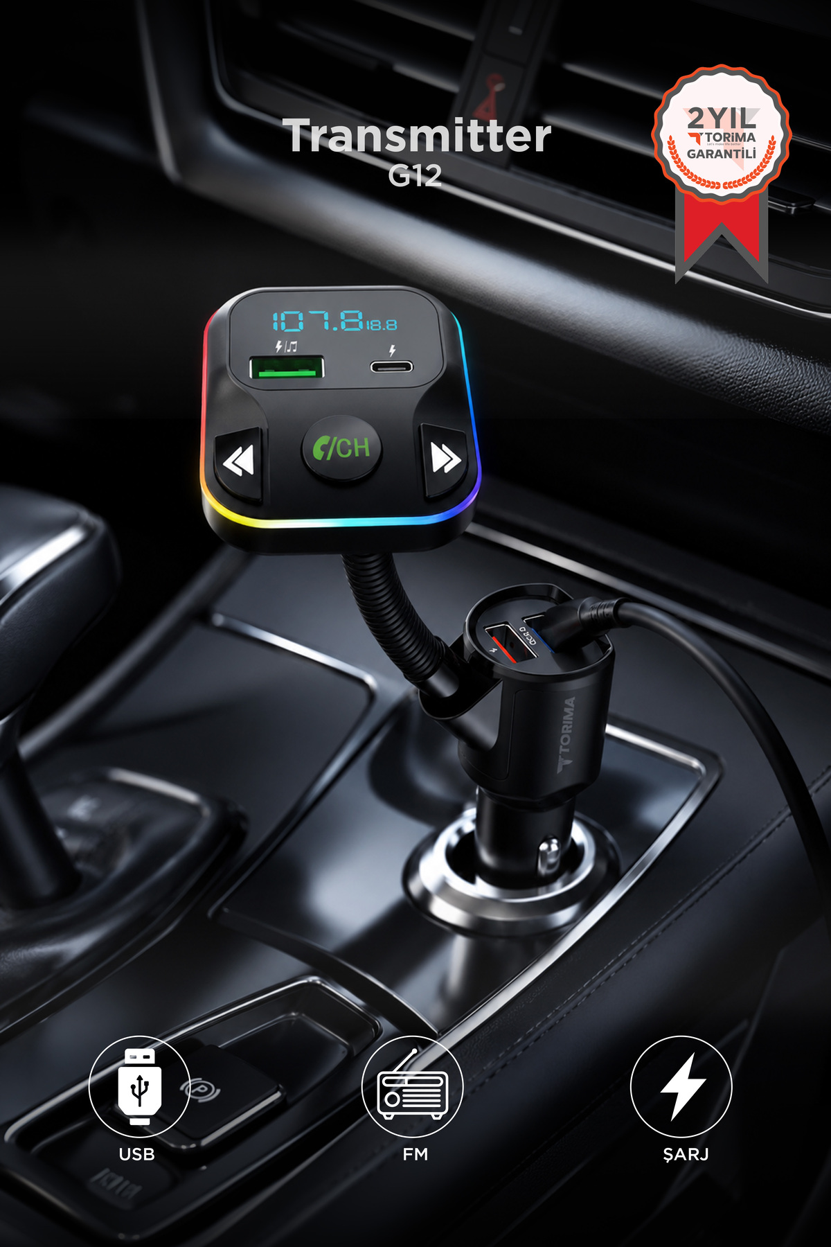 Torima Transmitter Şarj Özellikli Dijital Göstergeli Bluetooth Fm