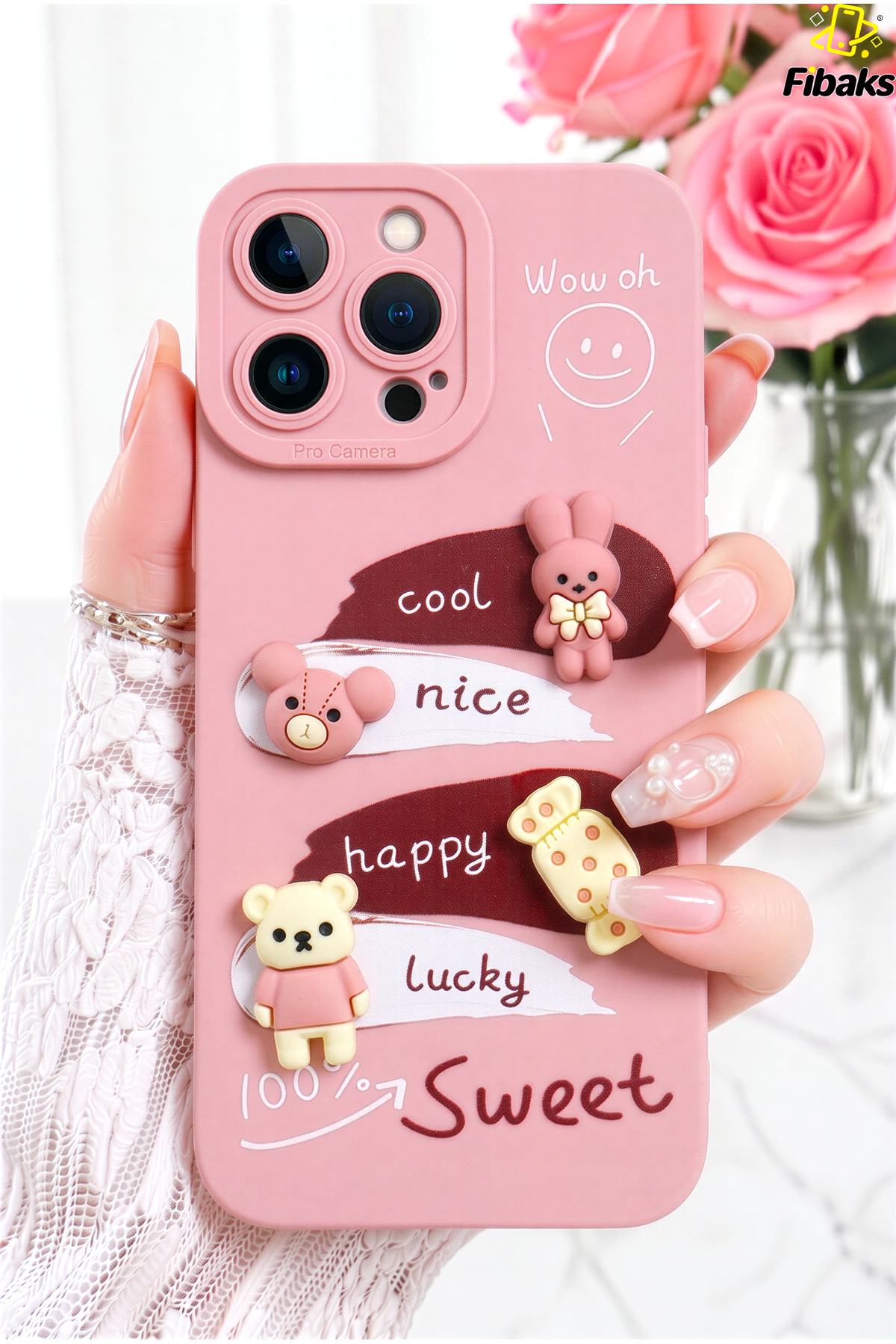 iPhone 14 Pro Max Case Design Patterned Camera Protected Rabbit Pink Soft Silicone Cover