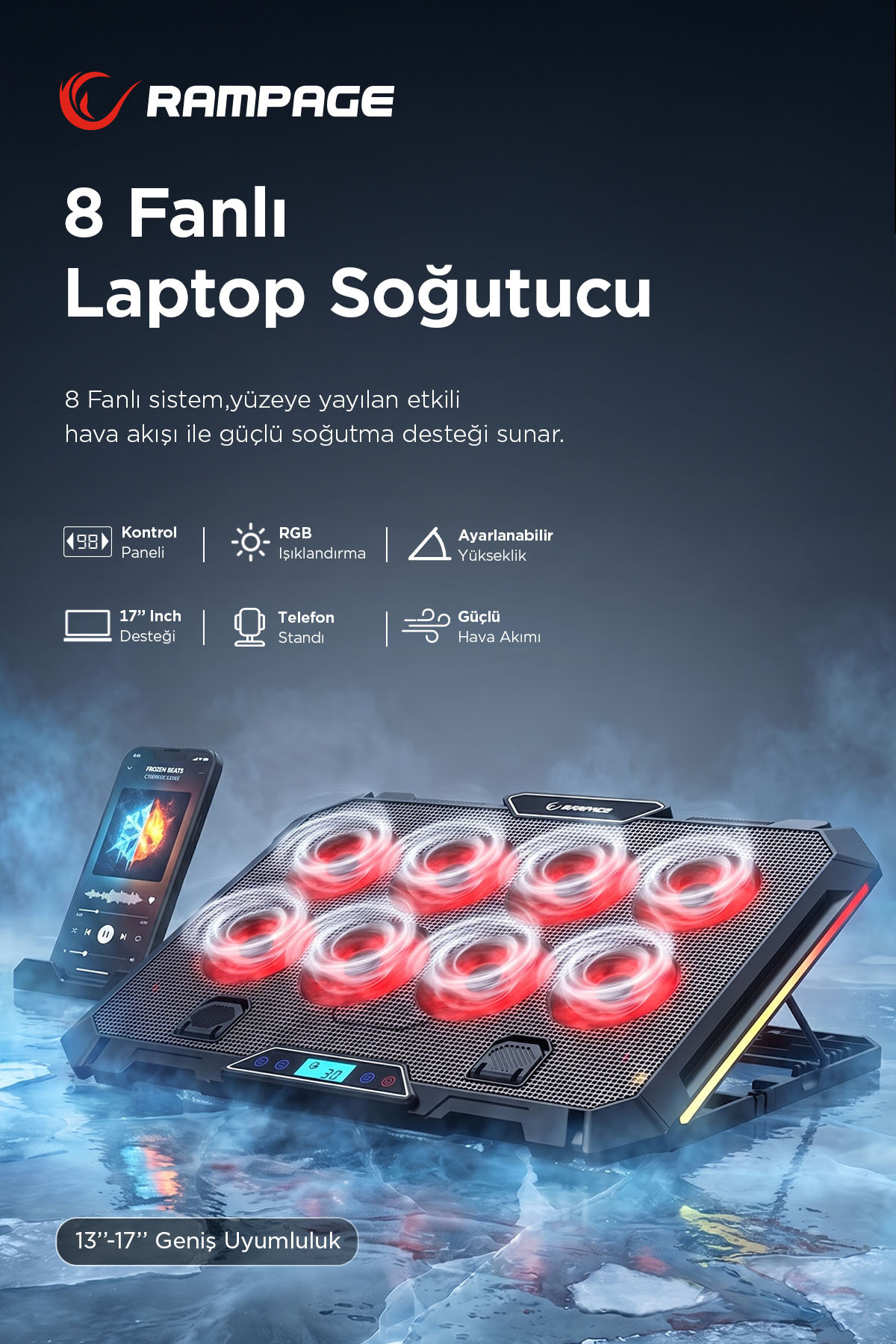 S51 Icevolt Black RGB Rising Notebook Cooler with 8 Fans LCD Display 17'' and Below 2 Usb Inputs
