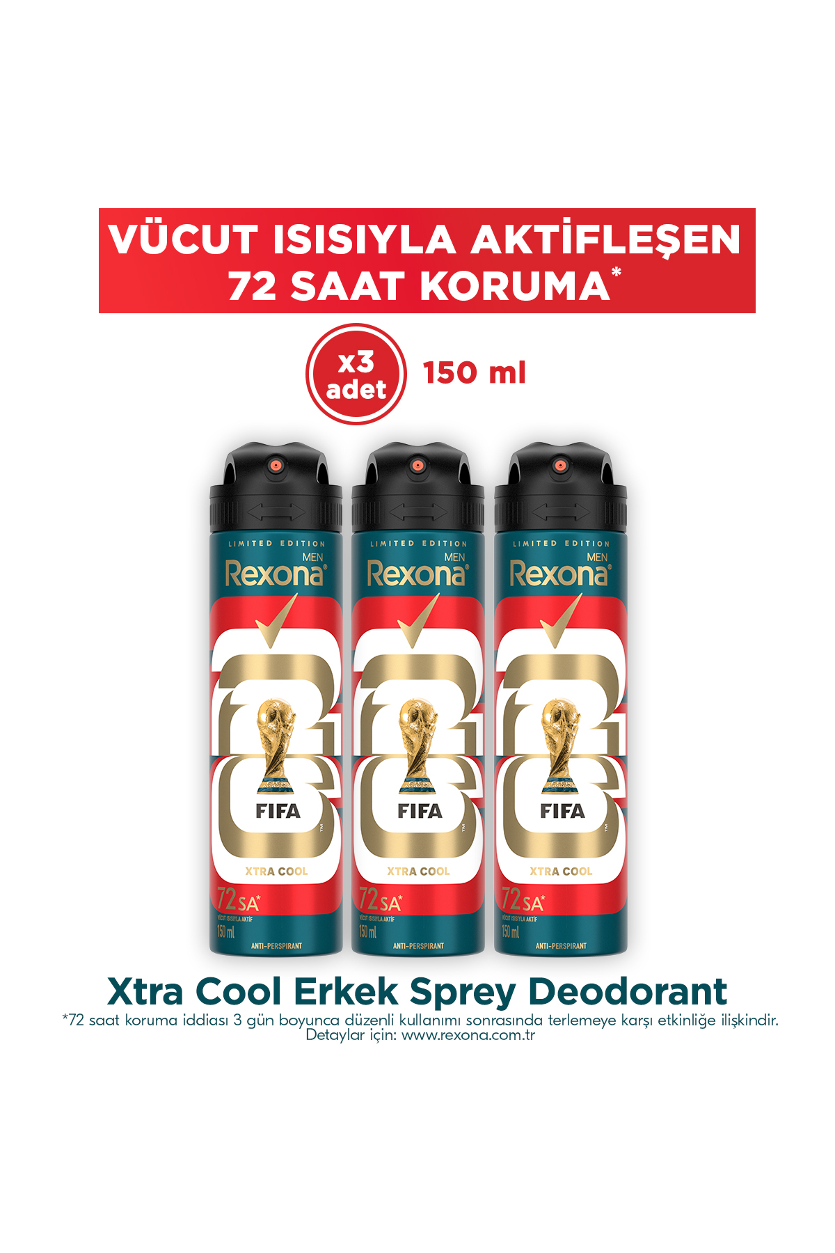Rexona Men Erkek Sprey Deodorant Xtra Cool 72 Saat Kesintisiz Üstün Koruma 150 ml x3