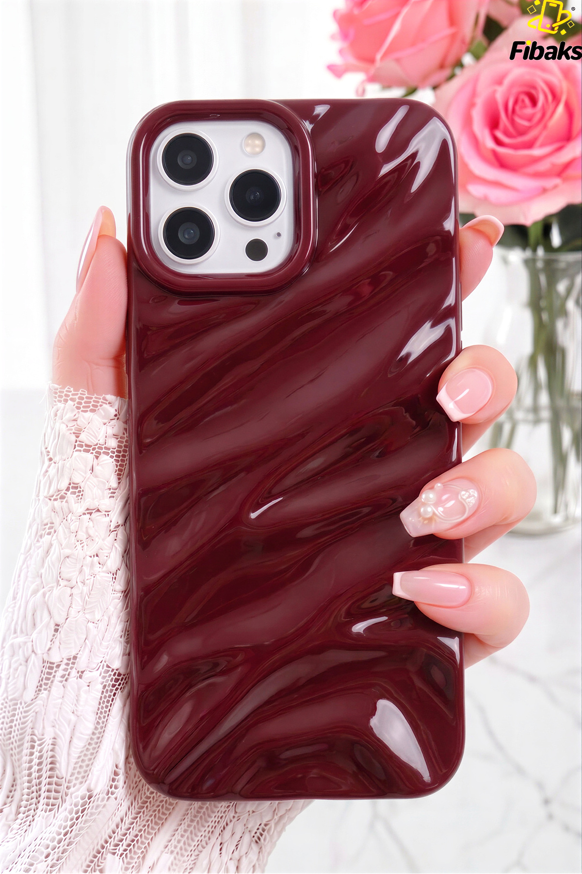 iPhone 16 Pro Max Case Gloss Embossed Wave Design Patterned Shock Absorbing Silicone Cover