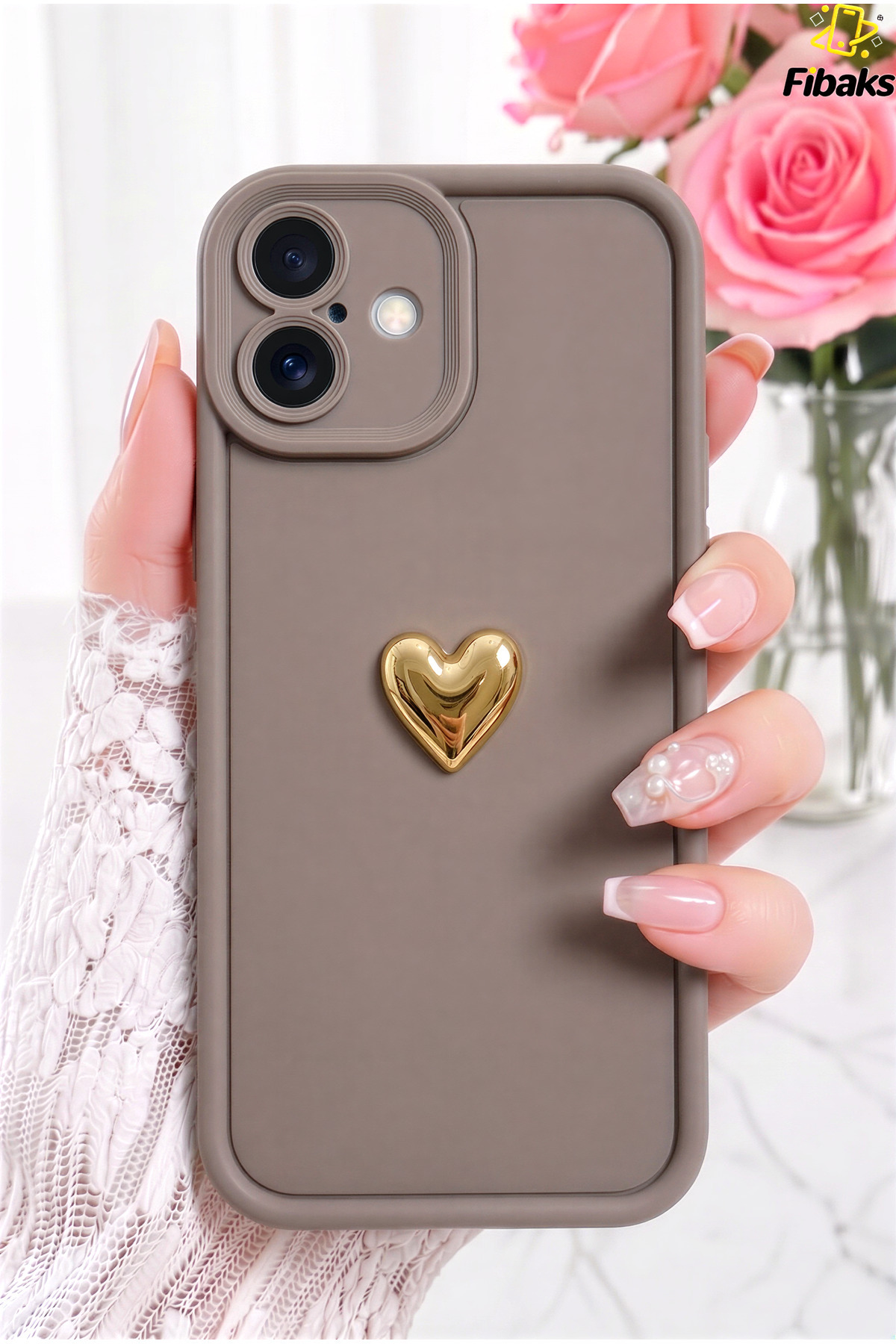 iPhone 16 Plus Case Brown Pattern Soft Camera Protected Cover with 3D Heart Design