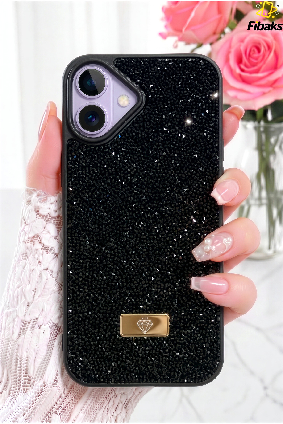 iPhone 17 Case Velvet Diamond Design Black Gemstone Sparkly Diamond Silicone Cover