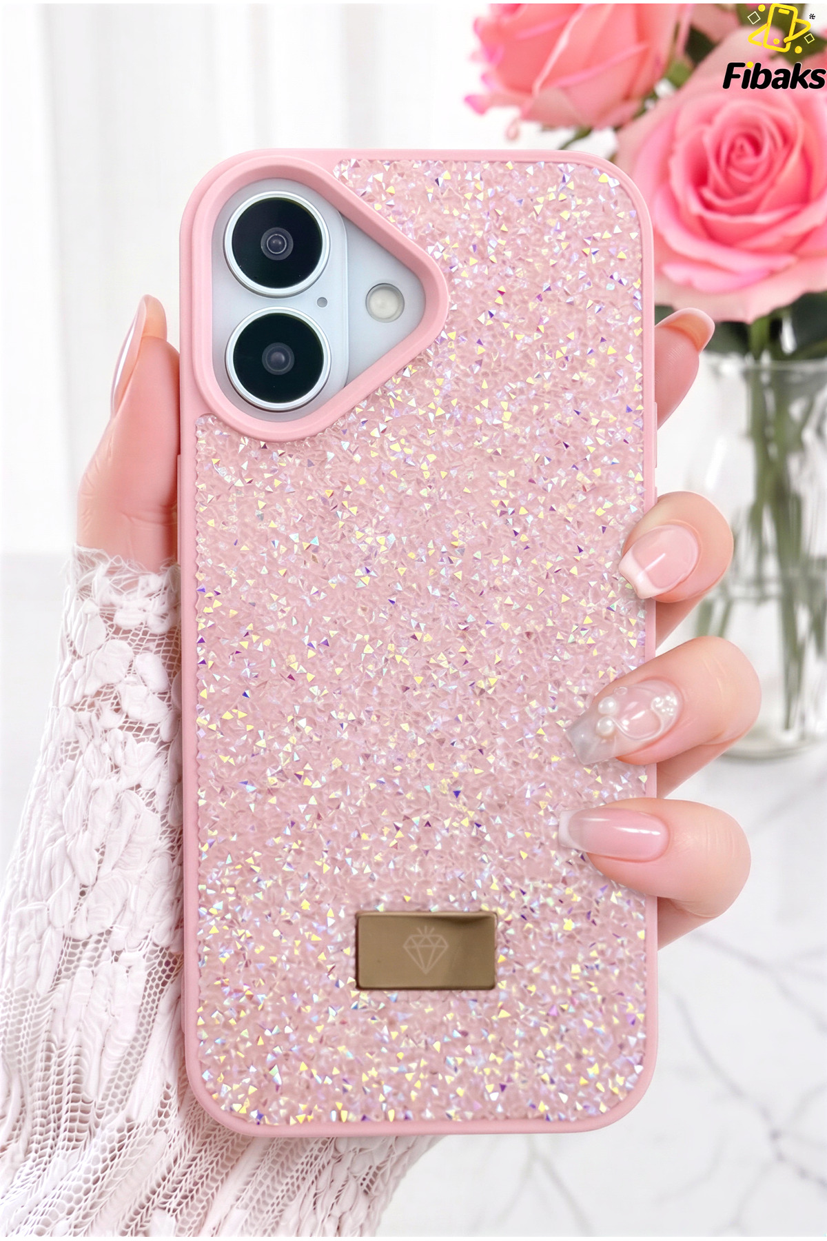 iPhone 17 Velvet Diamond Design Shimmering Diamond Silicone Case Cover with Pink Gemstone