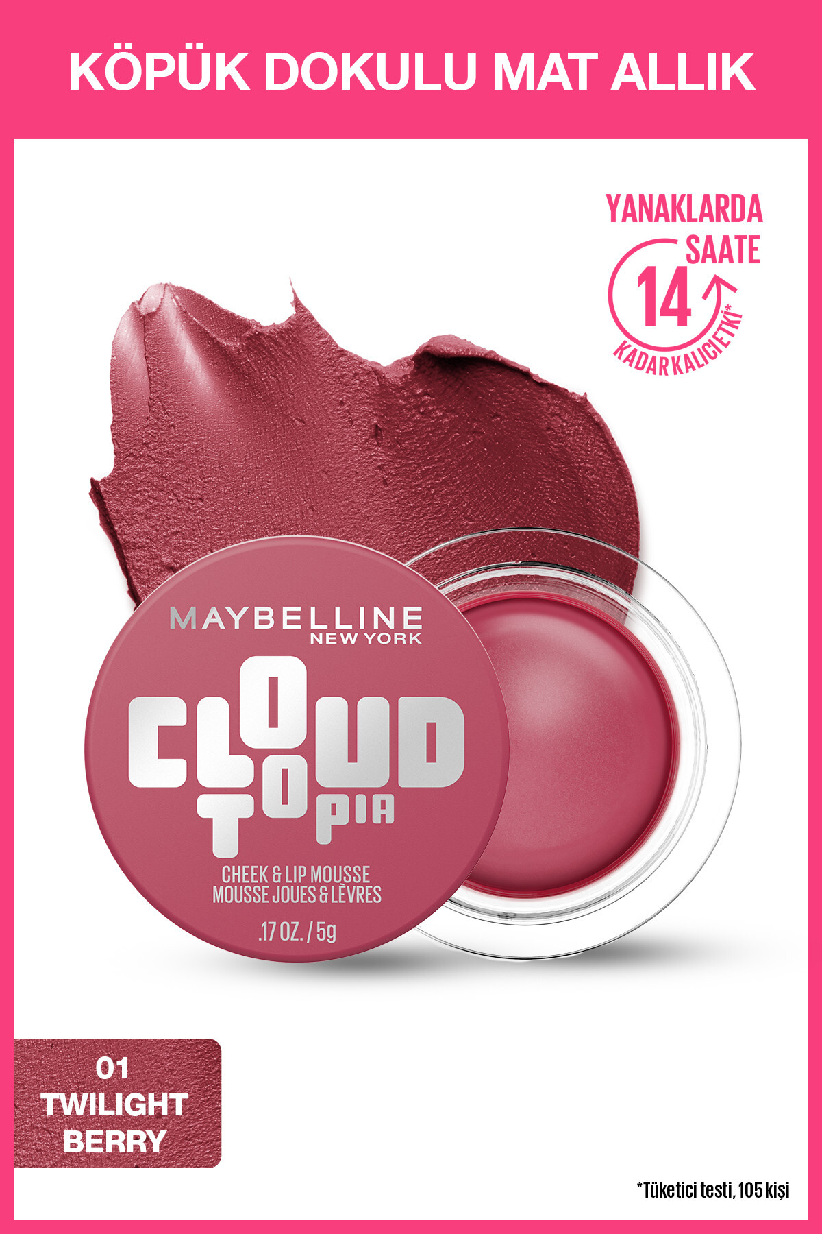 Maybelline New York Cloudtopia Köpük Dokulu Mat Allık & Ruj 01 Twilight Berry — زرشکی MYBCLOUDALLIKRUJ