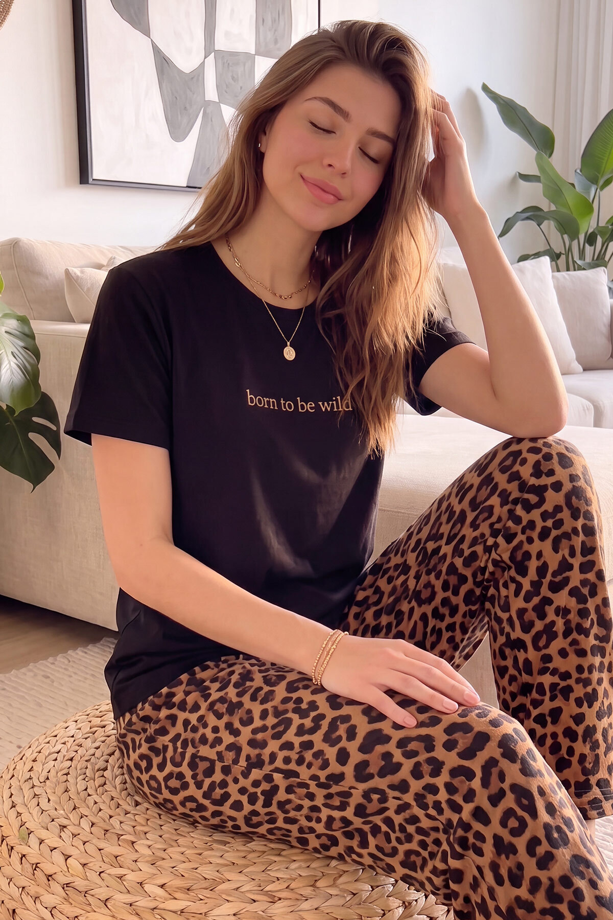 Pijamaevi Black Born to Be Wild Leopard Print Short Sleeve Knitted Women's Pajamas Set