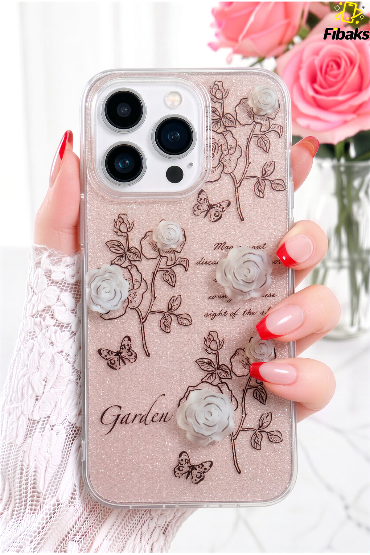 iPhone 16 Pro Max Case Glitter White Rose Patterned Colorful Bright Shock Absorbing Cover