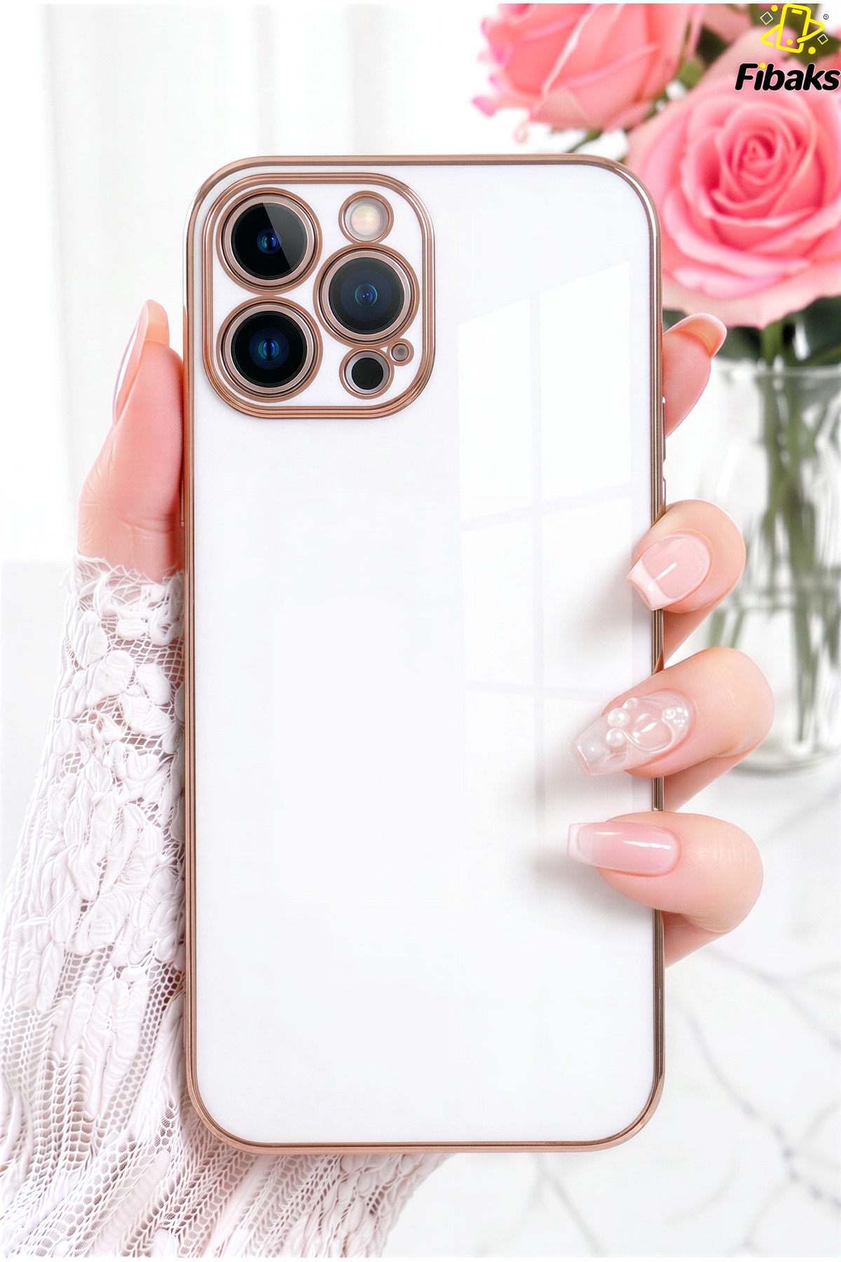 iPhone 15 Pro Max Case Gold Embroidered Camera Shielded Cover with Bright Edge White