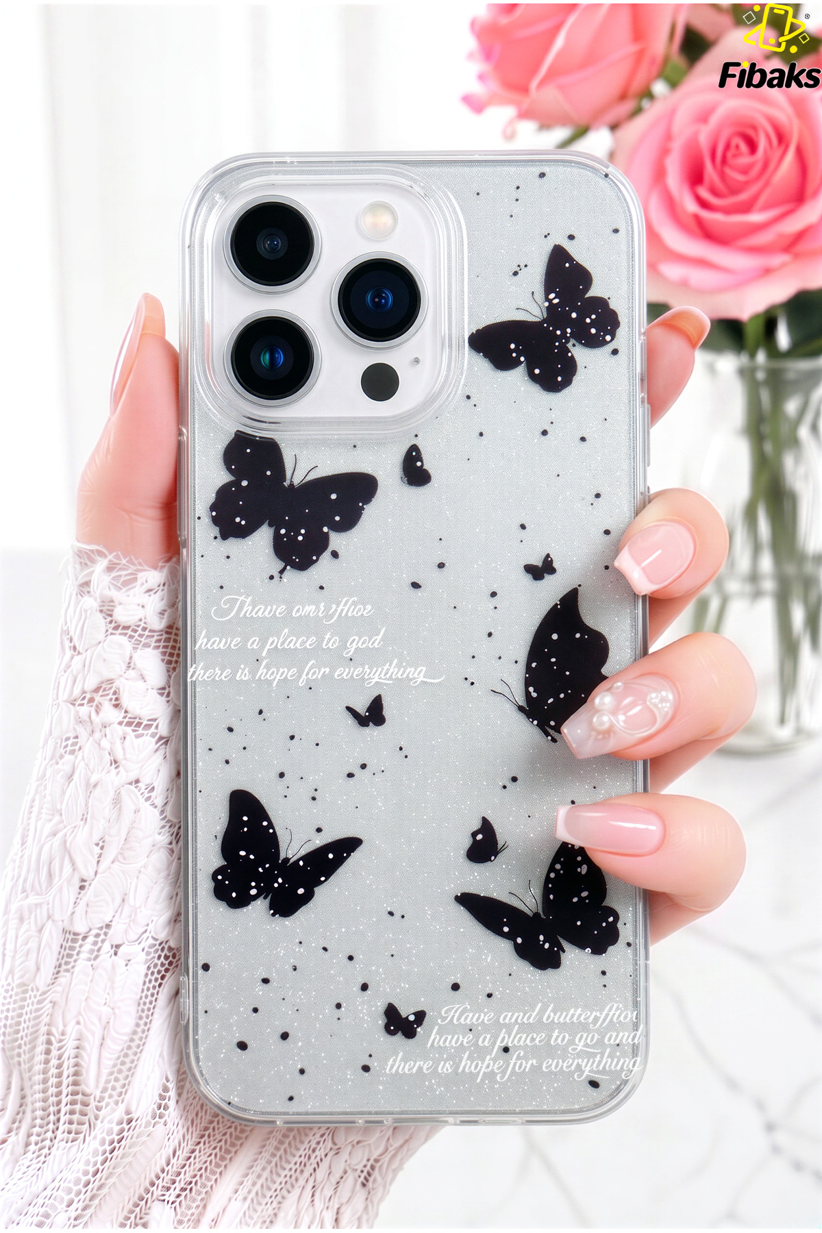 iPhone 15 Pro Case Glitter Black Butterfly Pattern Colorful Bright Shock Absorbing Cover