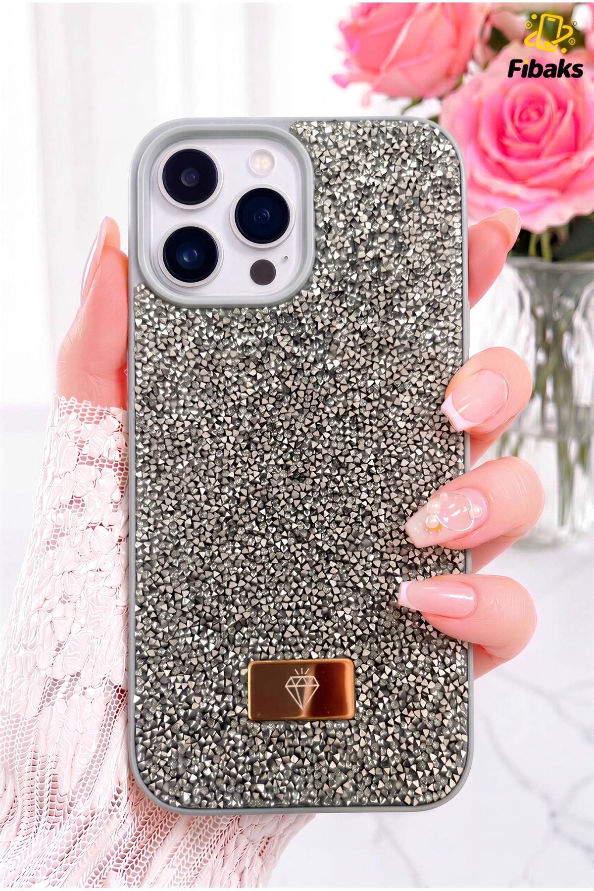 iPhone 15 Pro Max Case Velvet Diamond Design Shimmering Diamond Silicone Cover with Grey Gemstone