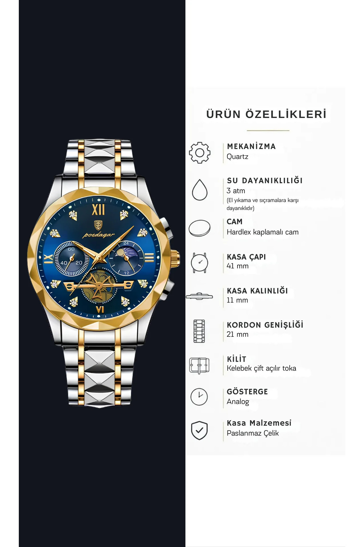 POEDAGAR Erkek Kol Saati, Çelik Kasa, Kronograf, 24 Saat Göstergeli, 3ATM Su Geçirmez görsel 5