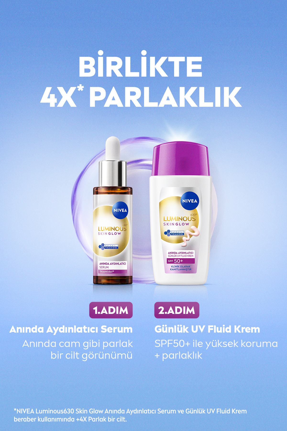 SPF50+ Güneş Koruyucu Luminous630 Skin Glow Aydınlatıcı Yüz Kremi 40ml ve Serum 30ml, Cam Cilt — SET.NVE.1410 — تصویر 2 از 6