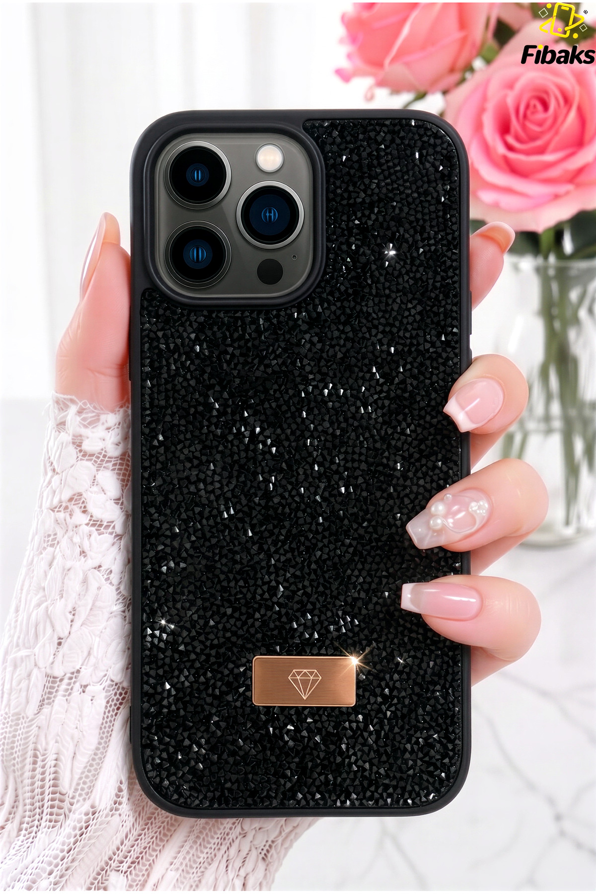 iPhone 16 Pro Max Case Velvet Diamond Design Black Gemstone Sparkly Diamond Silicone Cover