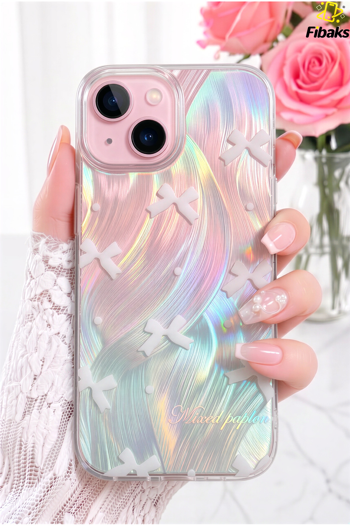 iPhone 13/14/15 Case Bright Hologram Bow Pattern Shock Absorbing Camera Protruding Silicone