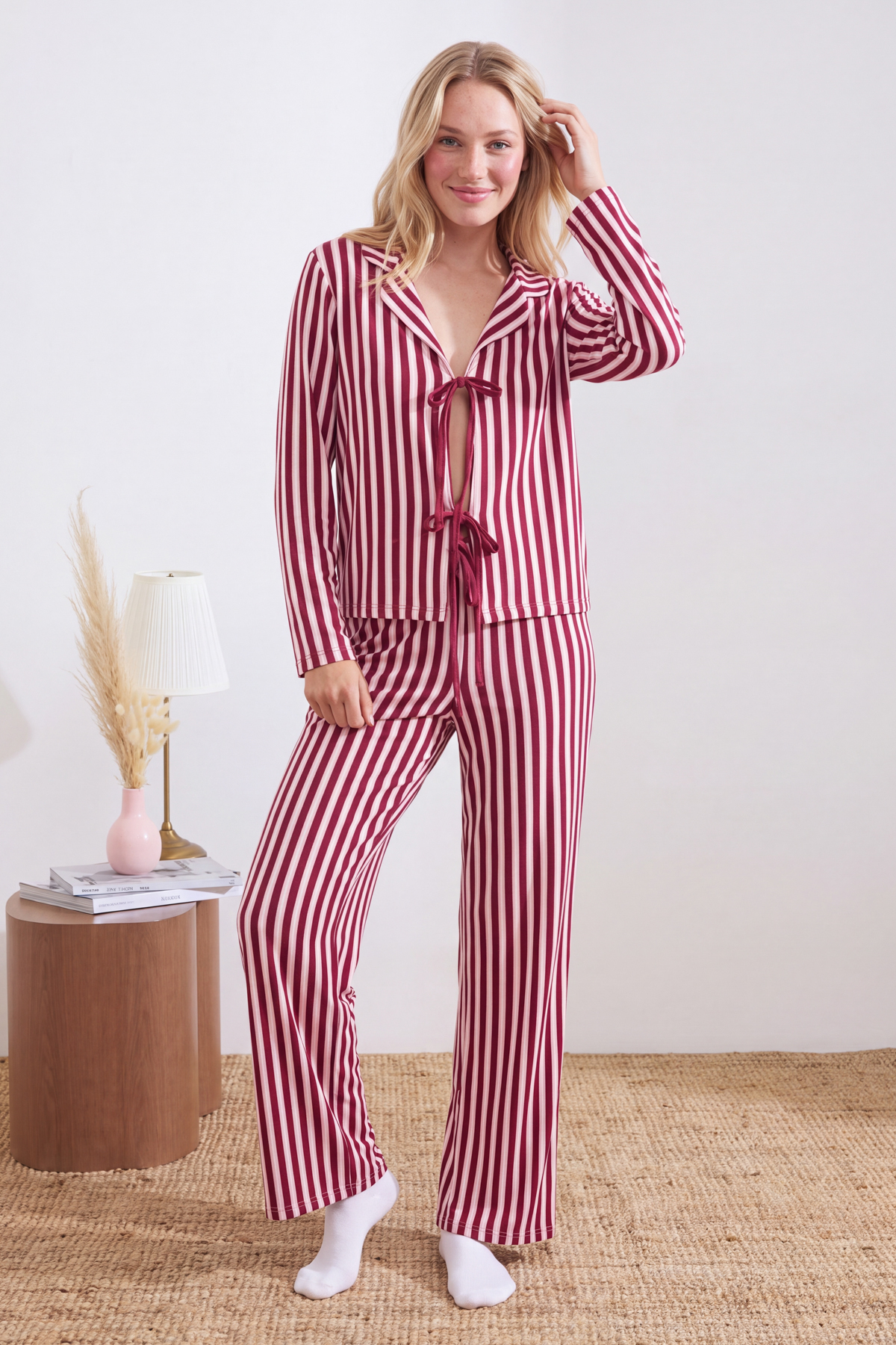 Trendyol Collection Plum-Pink Soft Touch Cotton Striped Tie-Detail Knitted Pajama Set - THMAW26PT00072