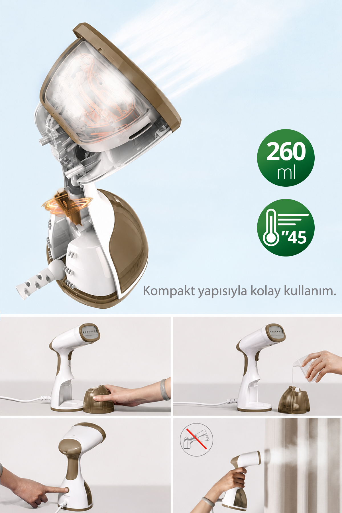 KSI-650 Portatif Buharlı Kırışık Giderici | 1200 Watt & 18 g/dk Buhar & 260 ml Tank & 45 sn Isınma 3