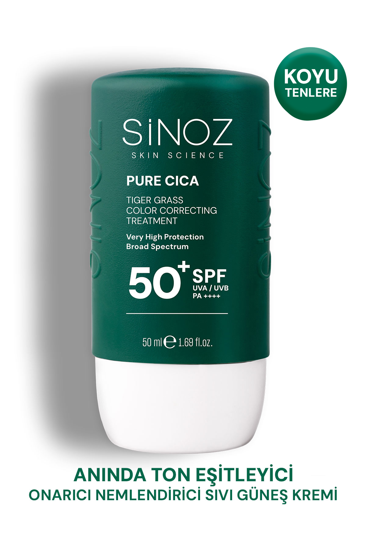 Sinoz Pure Cica Tiger Grass Anında Ton Eşitleyici Onarıcı Nemlendirici SPF50+ Sıvı Yüz Güneş Kremi PA++++ (Koyu Tenler İçin)