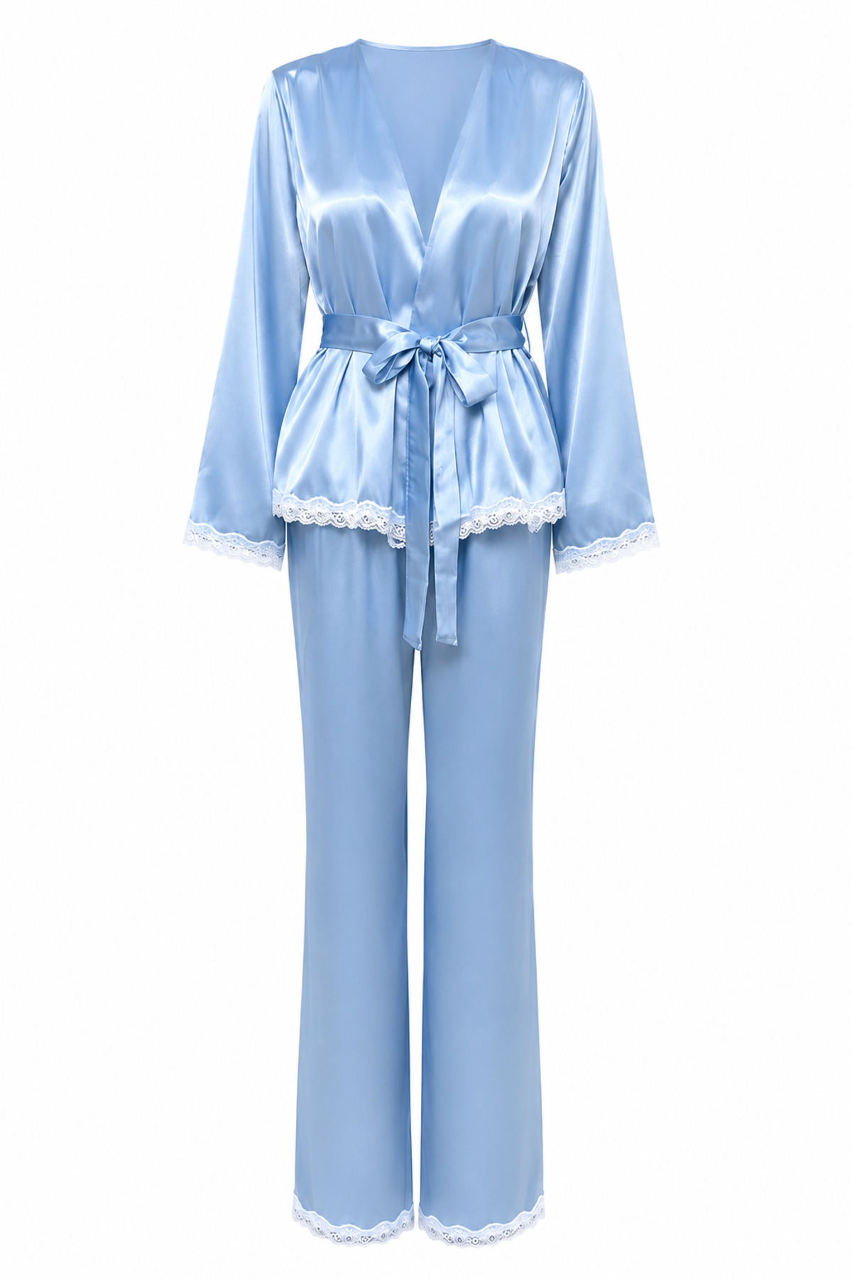 Trendyolmilla Mavi Dantel Detaylı Saten Dokuma Pijama Takımı THMAW27PT00013